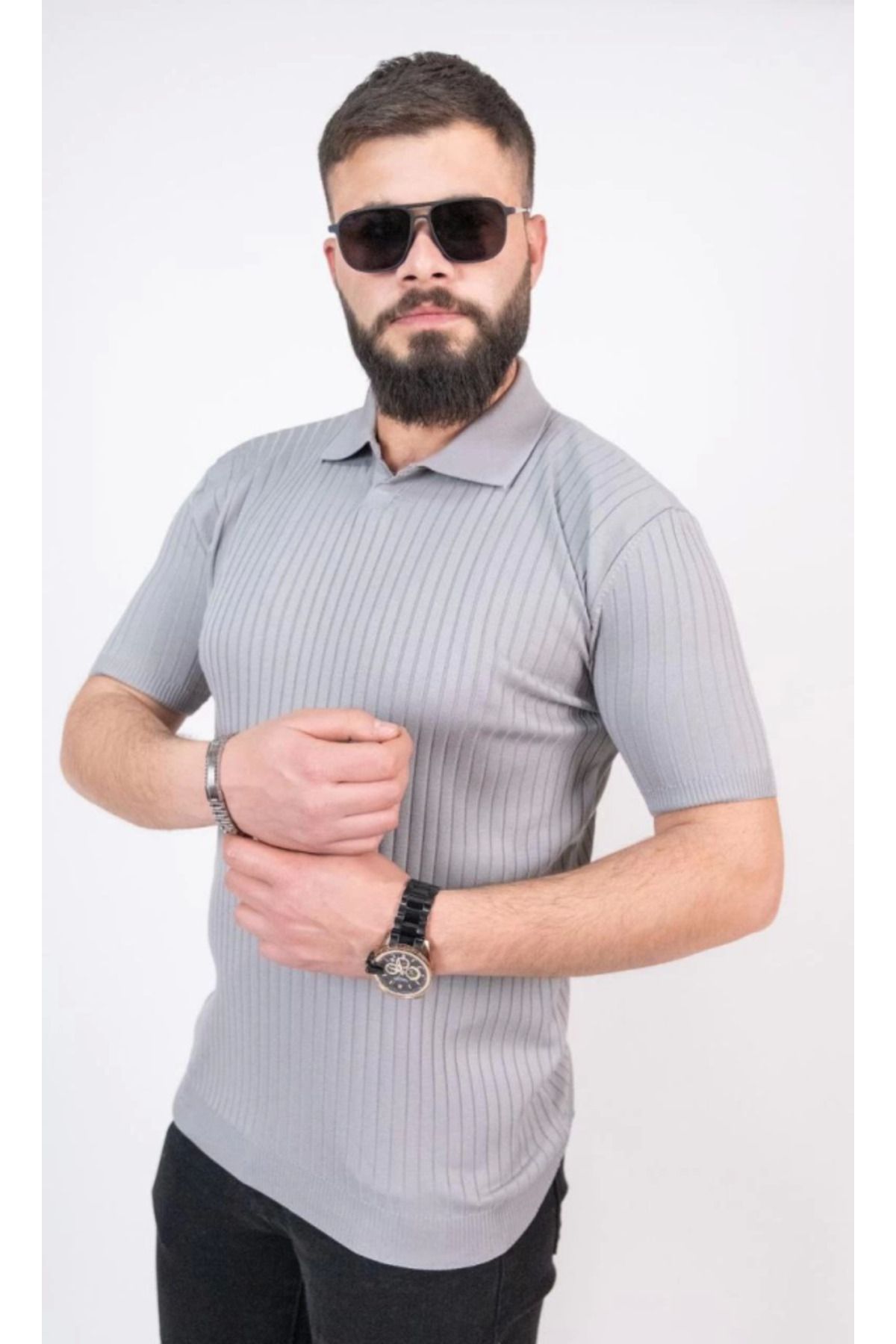 MHT STORE Triko Dokuma Yakalı T-shirt - Gri