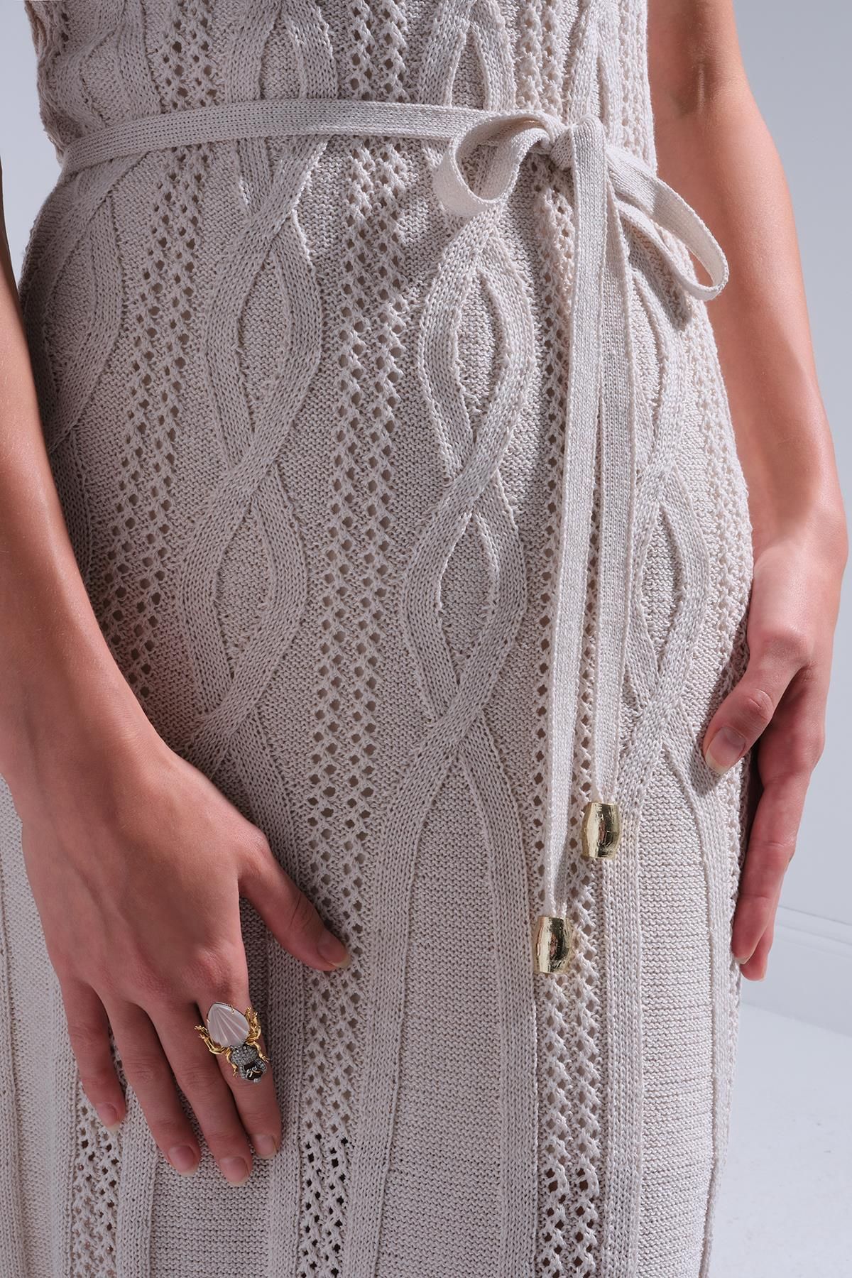 JOIN US-Belted Beige Midi Dress with Hair Braid Detail 4