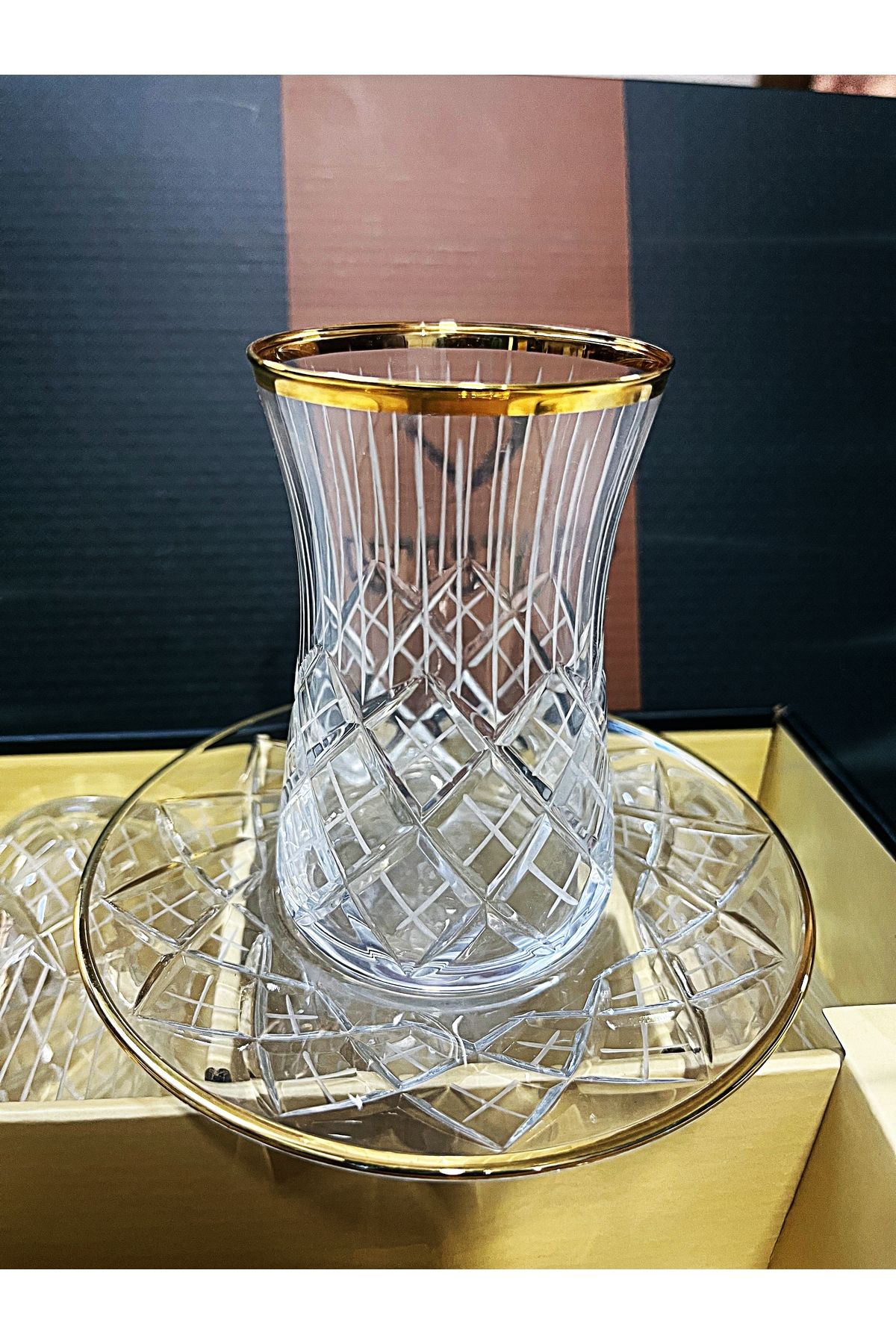 DECOSTYLE-Heybeli Aşabahçe Decorated Gold Gilded Super Patterned Glass Plate 12 Piece Tea Set 1