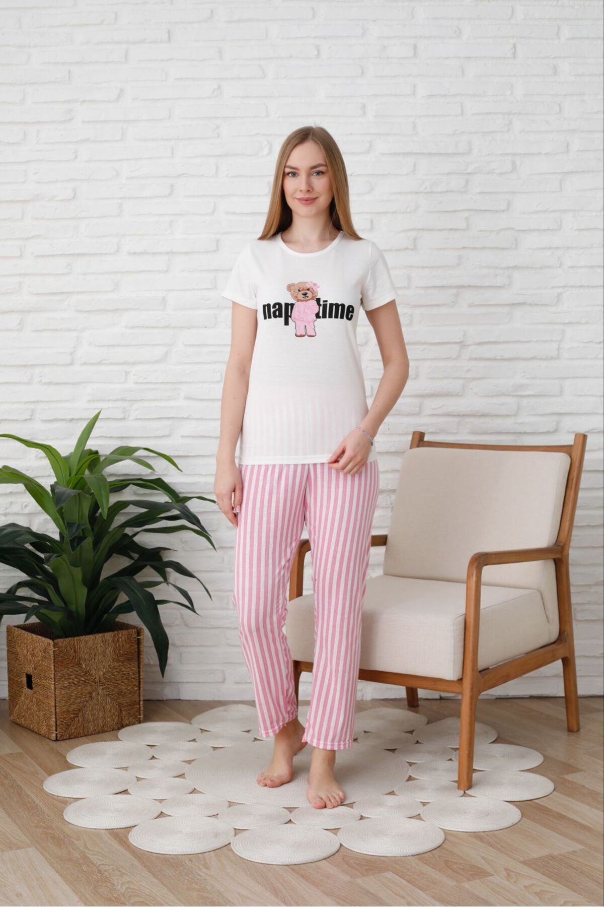 MİRELLA-Set de pijamale de vară din țesătură din bumbac pieptănat, cu mâneci scurte, cu dungi roz, imprimate Naptime 5