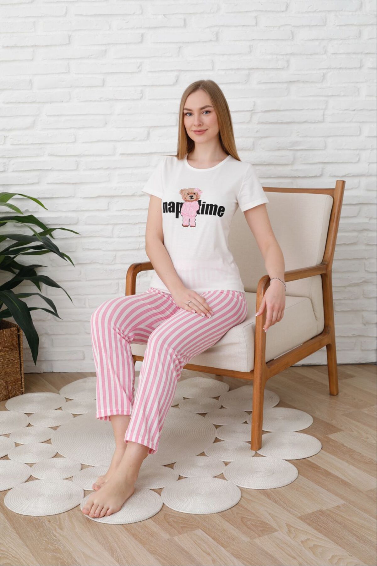 MİRELLA-Set de pijamale de vară din țesătură din bumbac pieptănat, cu mâneci scurte, cu dungi roz, imprimate Naptime 6