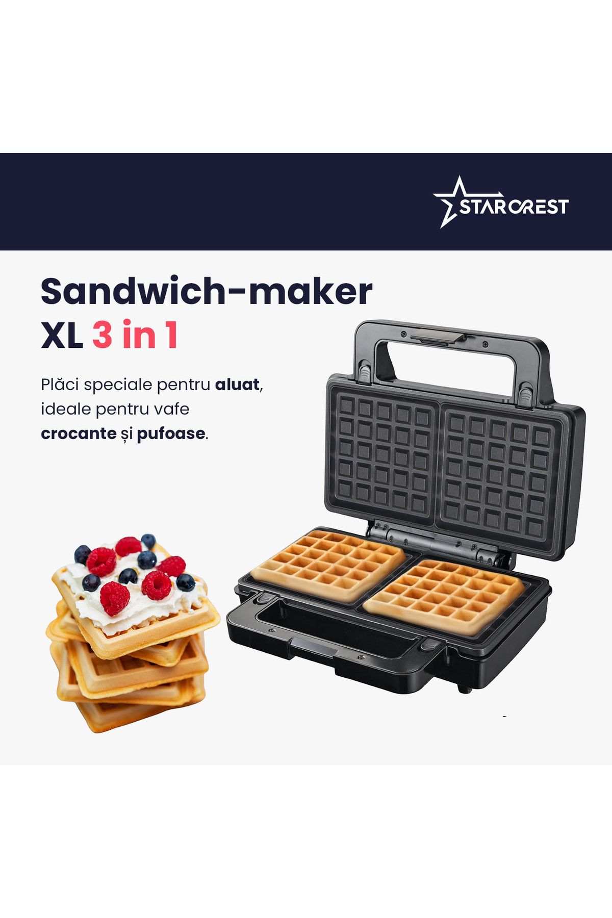 STARCREST-Sandwich maker XL STARCREST SSM-3131BX, 1000W, 3 placi detasabile antiadezive: sandwich, vafe, grill 4