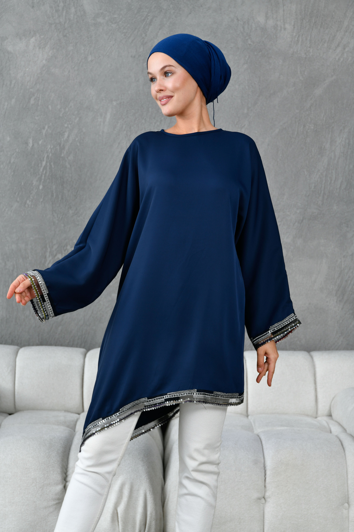 TUNCAY-Asymmetrical Tunic Blouse with Sequin Details 3