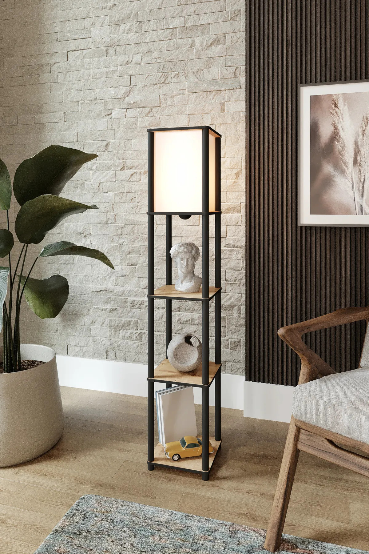 Halımax Moss Meşe Dekoratif Raflı Modern Sehpalı Lambader - Fiyatı