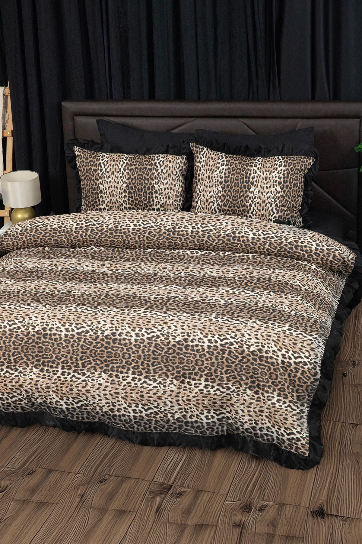 FAVORA-Frilly Leopard Patterned Double Duvet Cover Set with Elastic Sheets 6