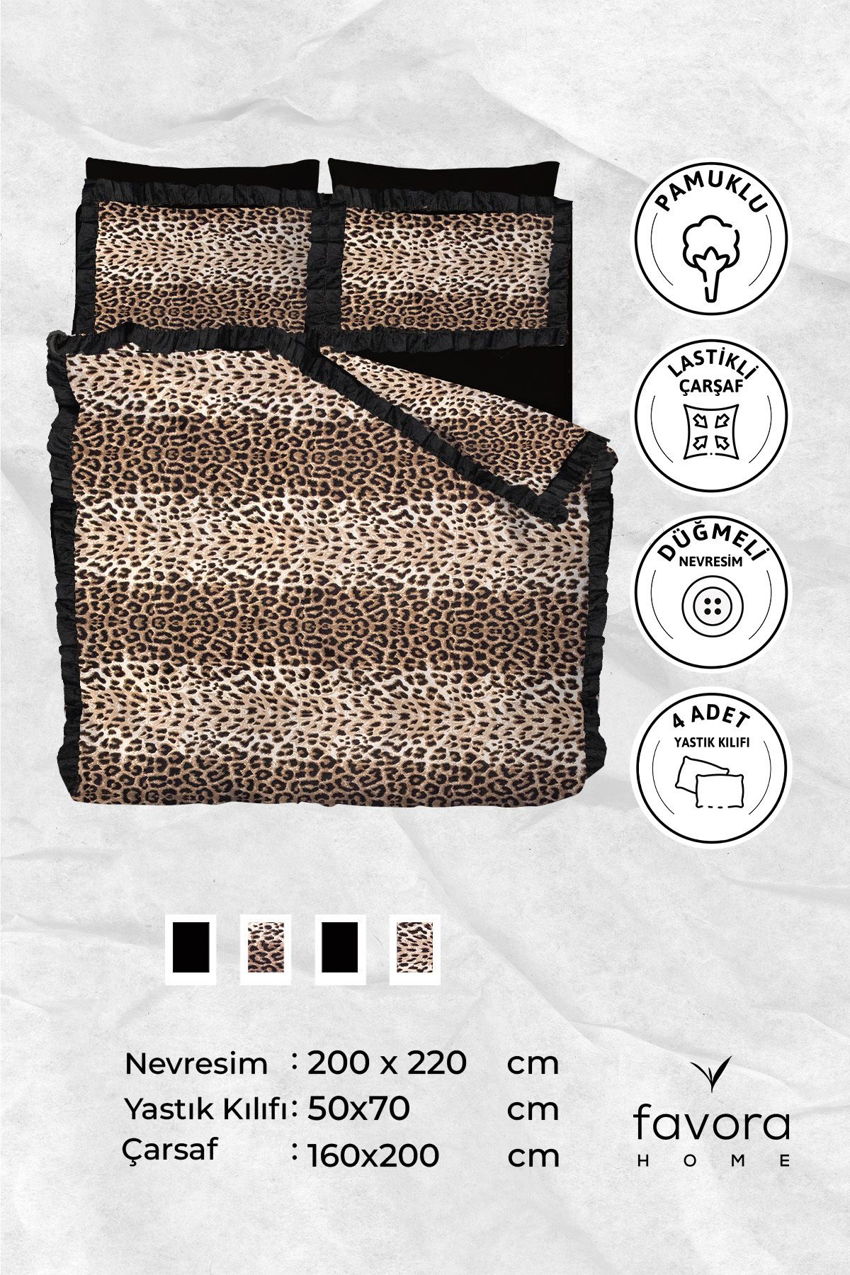 FAVORA-Frilly Leopard Patterned Double Duvet Cover Set with Elastic Sheets 8