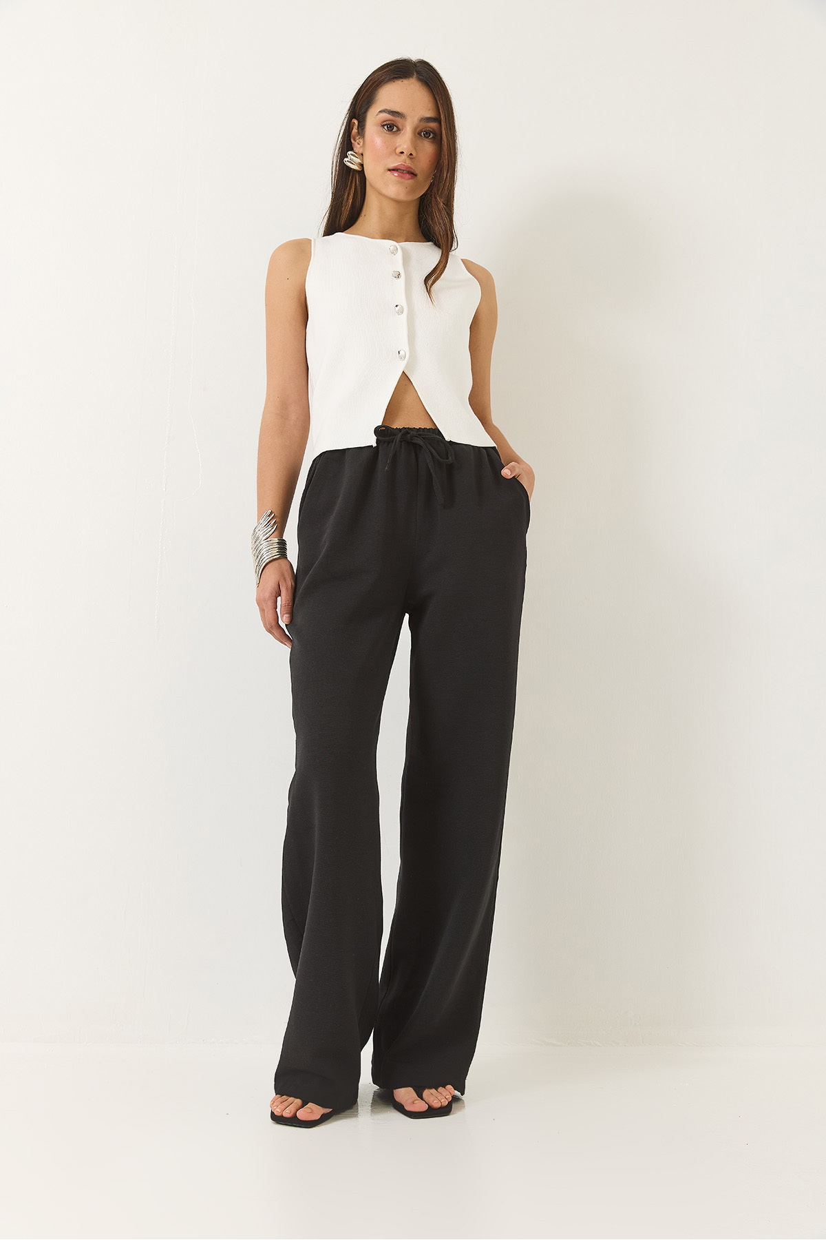 Bianco Lucci-Women's Elastic Waist Pocket Detailed Palazzo Linen Trousers 80182 60271083 4