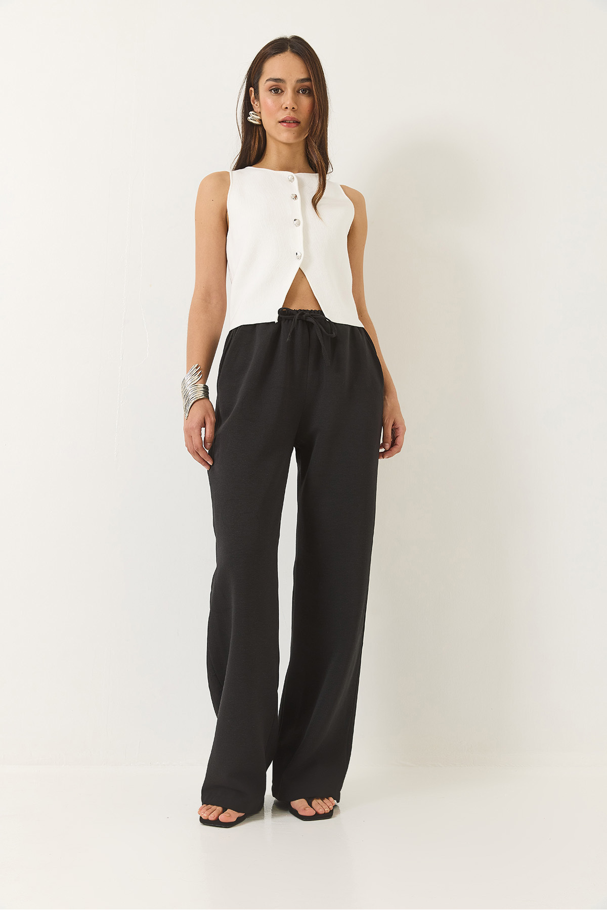 Bianco Lucci-Women's Elastic Waist Pocket Detailed Palazzo Linen Trousers 80182 60271083 3