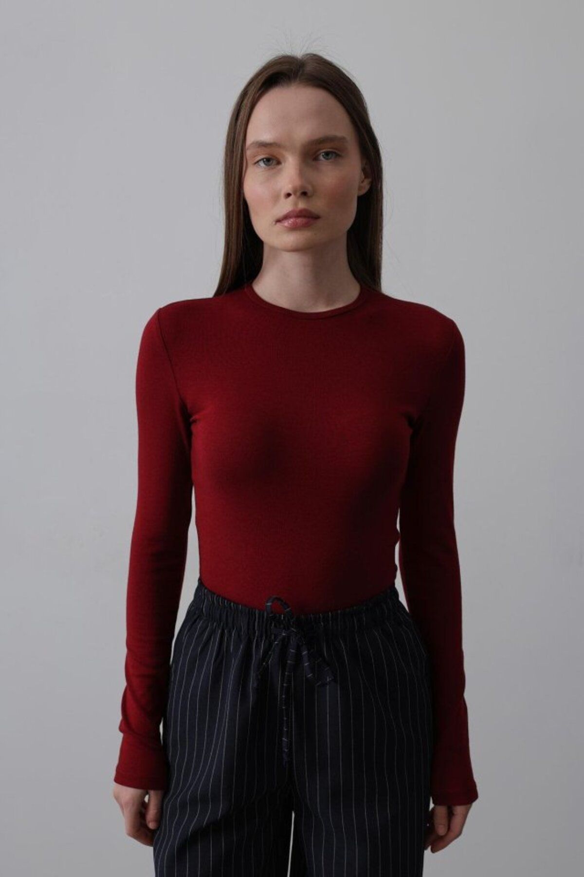 velmorafashion Uzun Kol Crop Top - Bordo