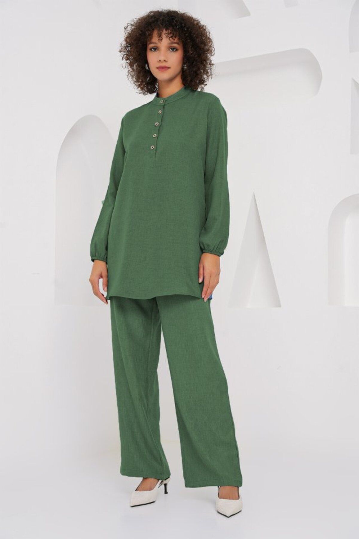Gökyüzü Moda 6678 Keten Tunik Pantolon İkili Takım - Zümrüt Yeşili