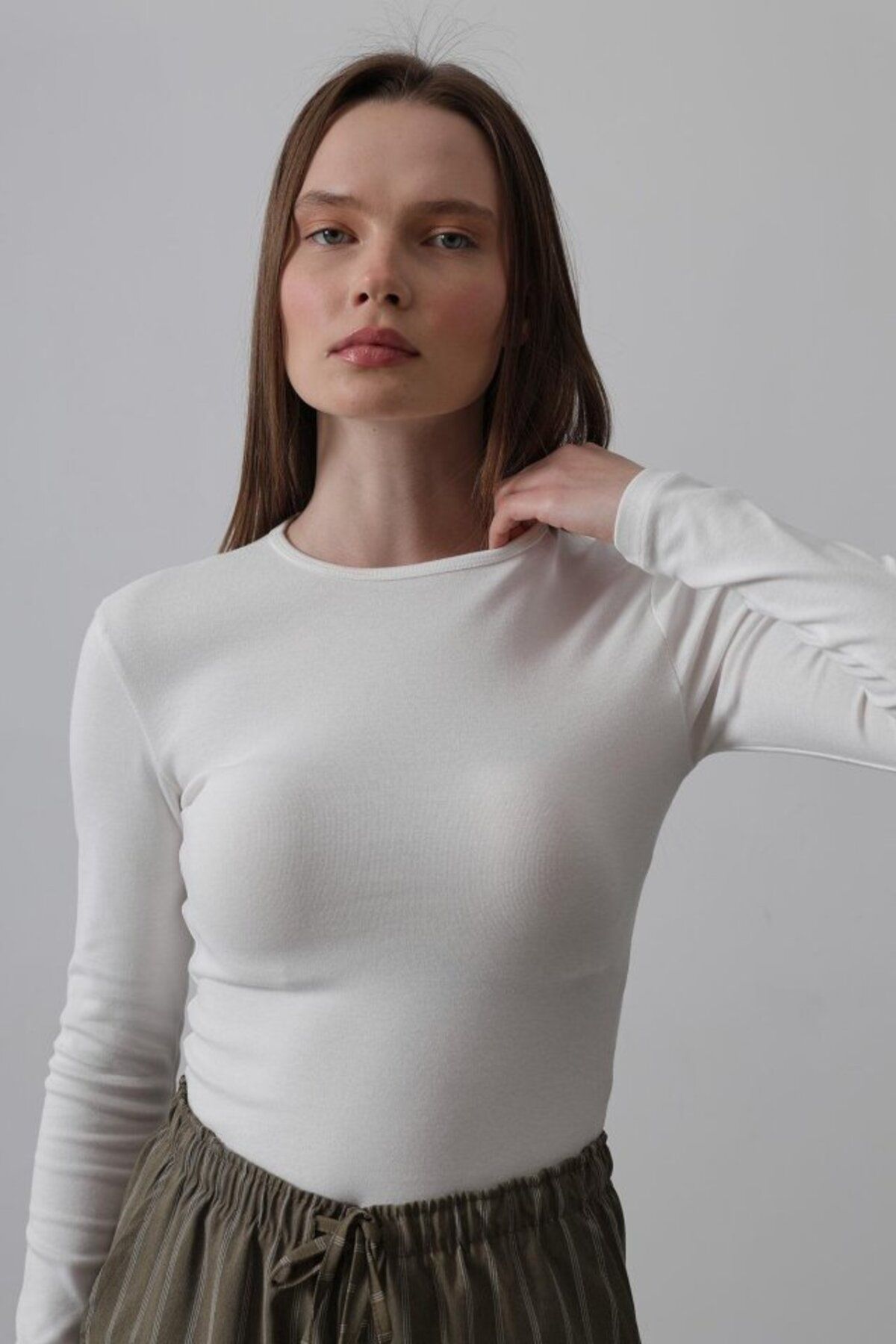 velmorafashion Uzun Kol Crop Top - Ekru