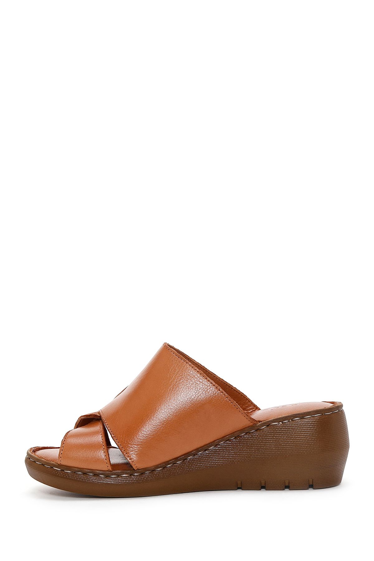 Derimod-Women's Tan Wedge Heeled Leather Comfort Slippers 25Sfd 320218 2