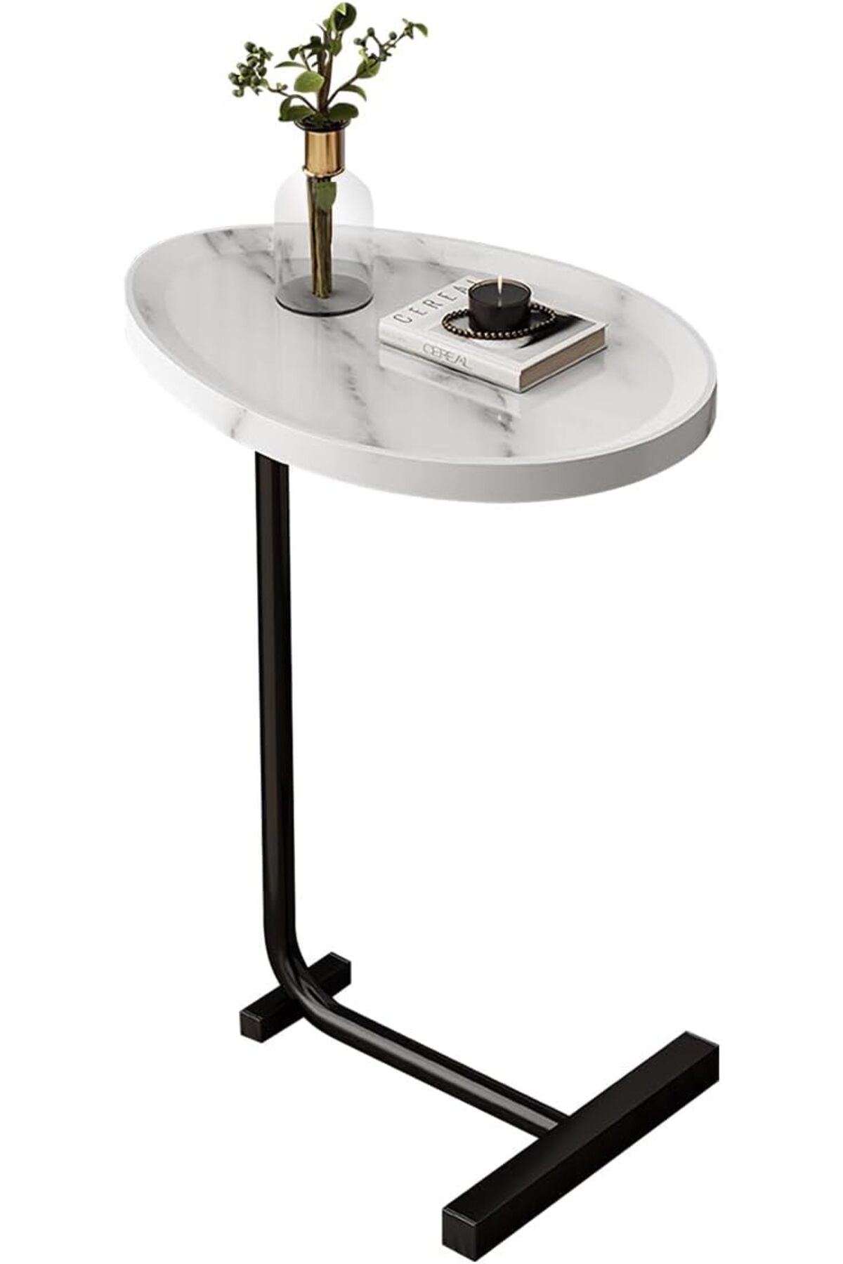 طاولة قهوة عصرية | طاولة جانبية علي شكل حرف سي سطح رخامي ابيض وارجل معدنية باللون الأسود 60x45x30 سم