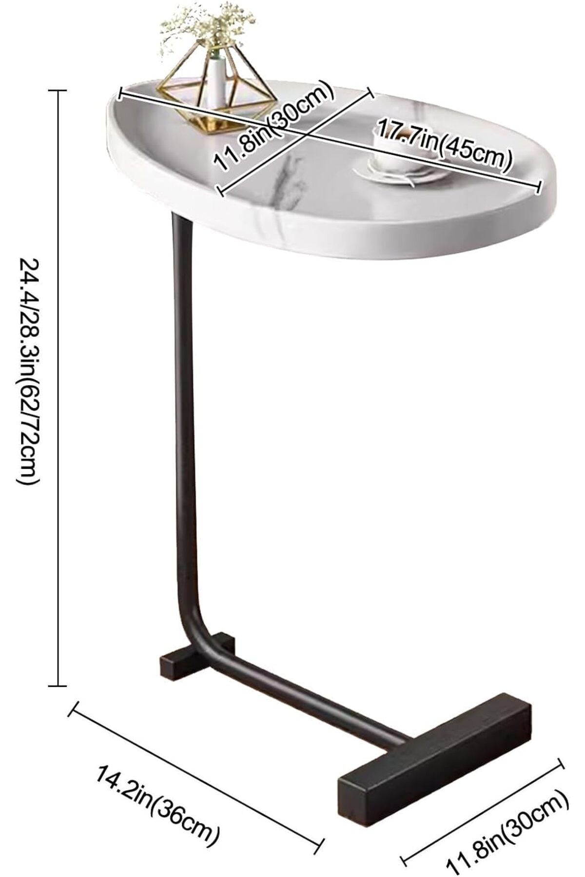 طاولة قهوة عصرية | طاولة جانبية علي شكل حرف سي سطح رخامي ابيض وارجل معدنية باللون الأسود 60x45x30 سم