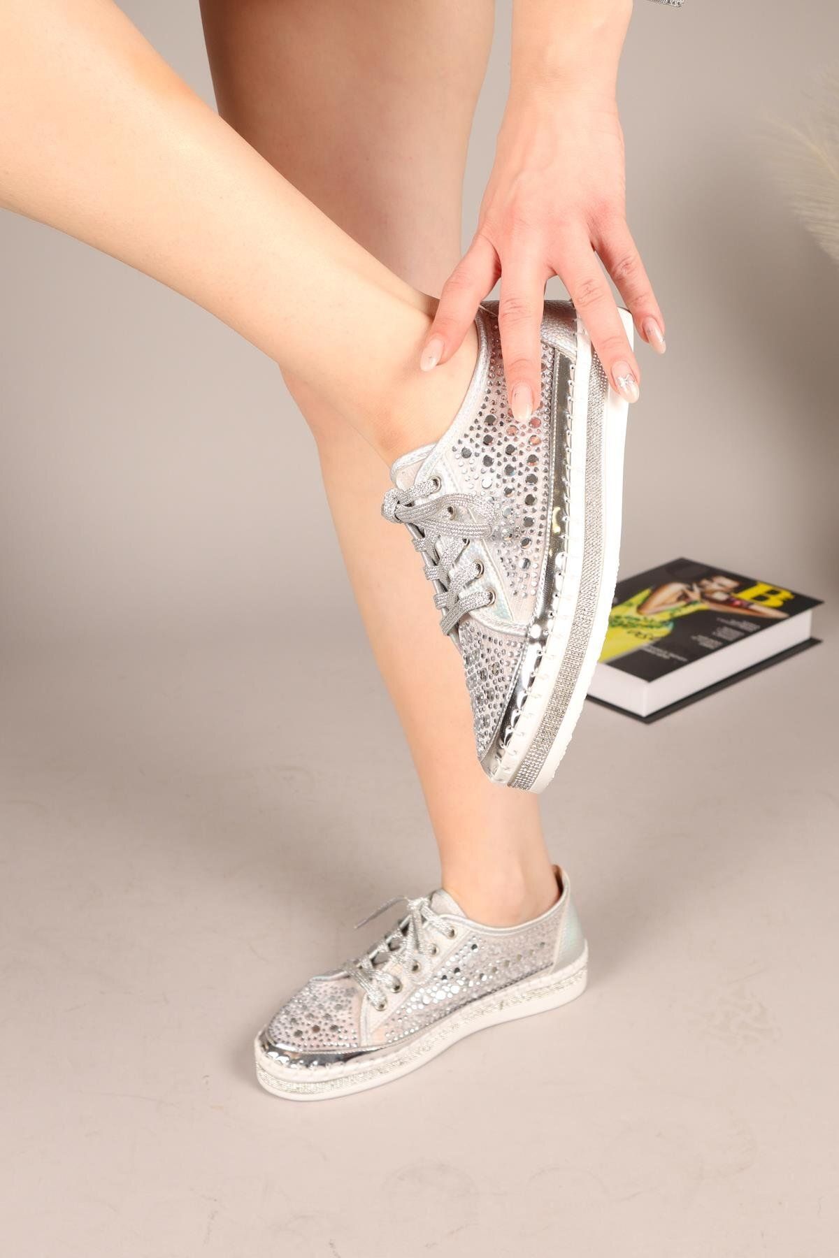 Birikon ECLİPSE Bağcıklı Taşlı Sneakers GÜMÜŞ