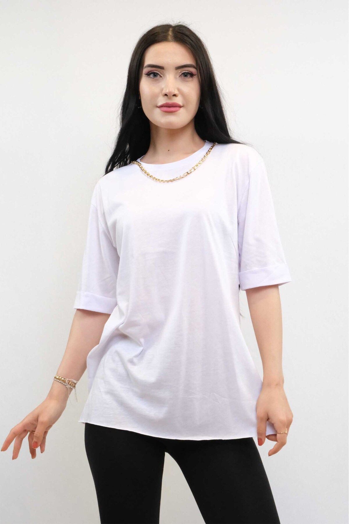 COXO Fashion`S Moda Çizgi Chain Accessory Tshirt White