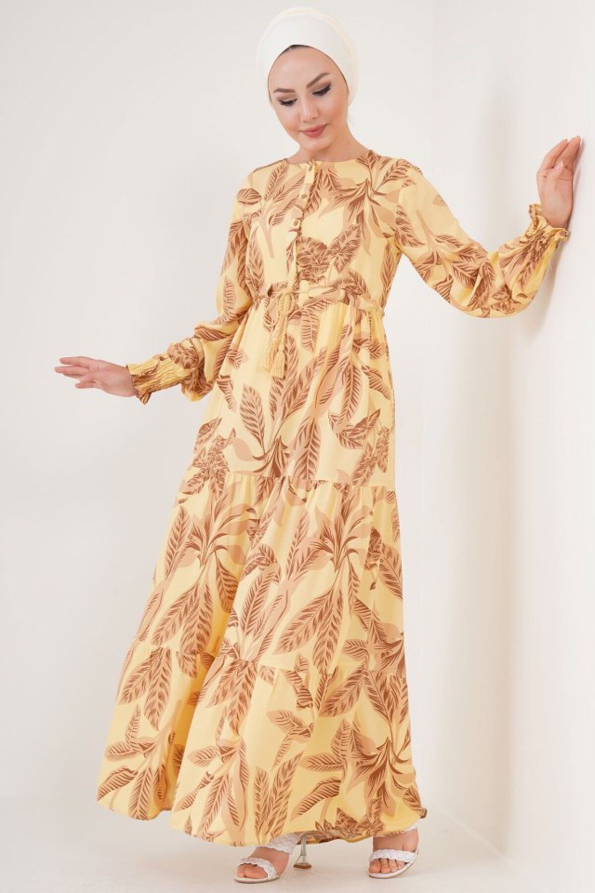 Momshopp 2145 Desenli Tesettür Elbise - Sarı