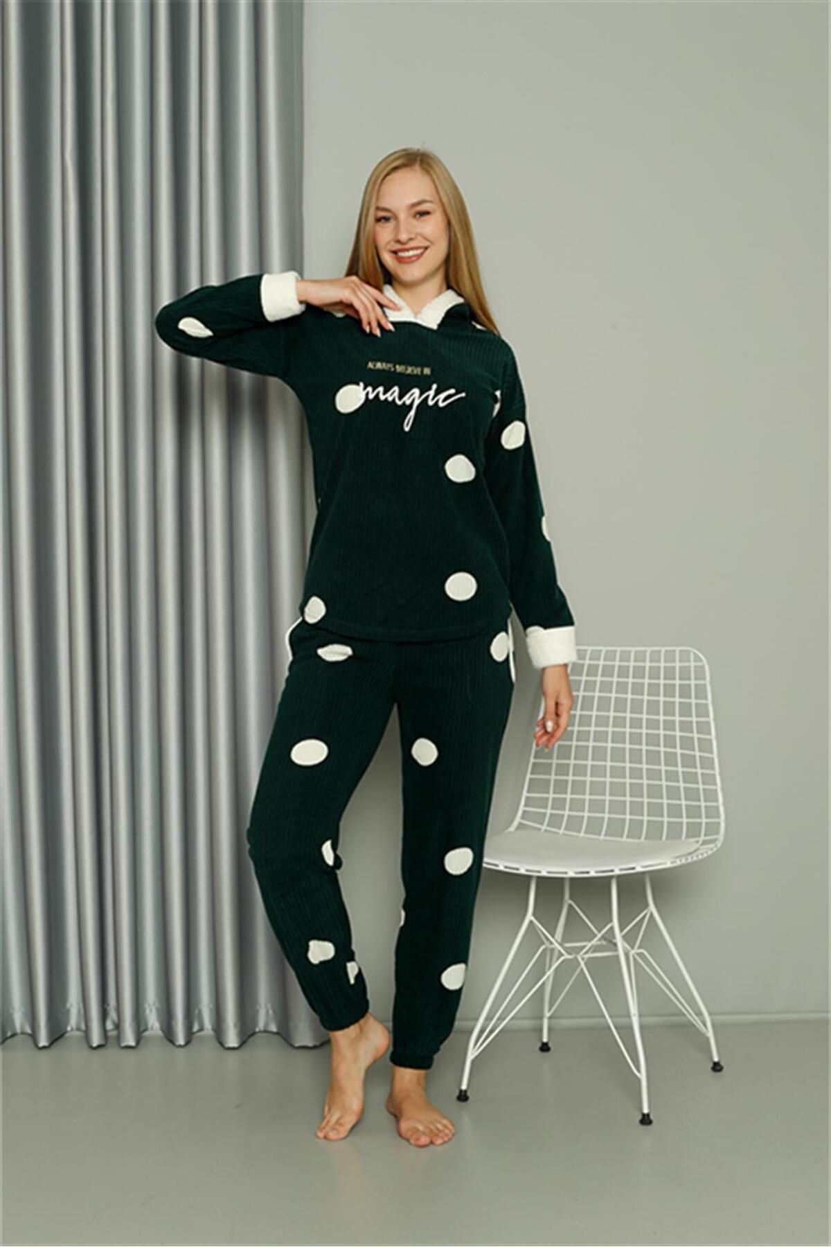 COXO Fashion`S Moda Çizgi Welsoft Fleece Women's Hooded Pajama Set 8512