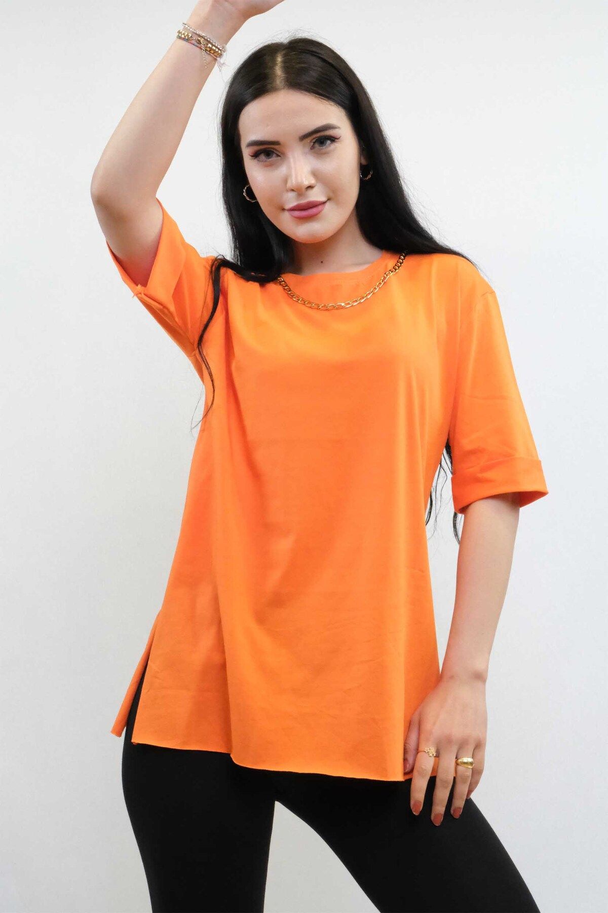 COXO Fashion`S Moda Çizgi Chain Accessory Tshirt Orange