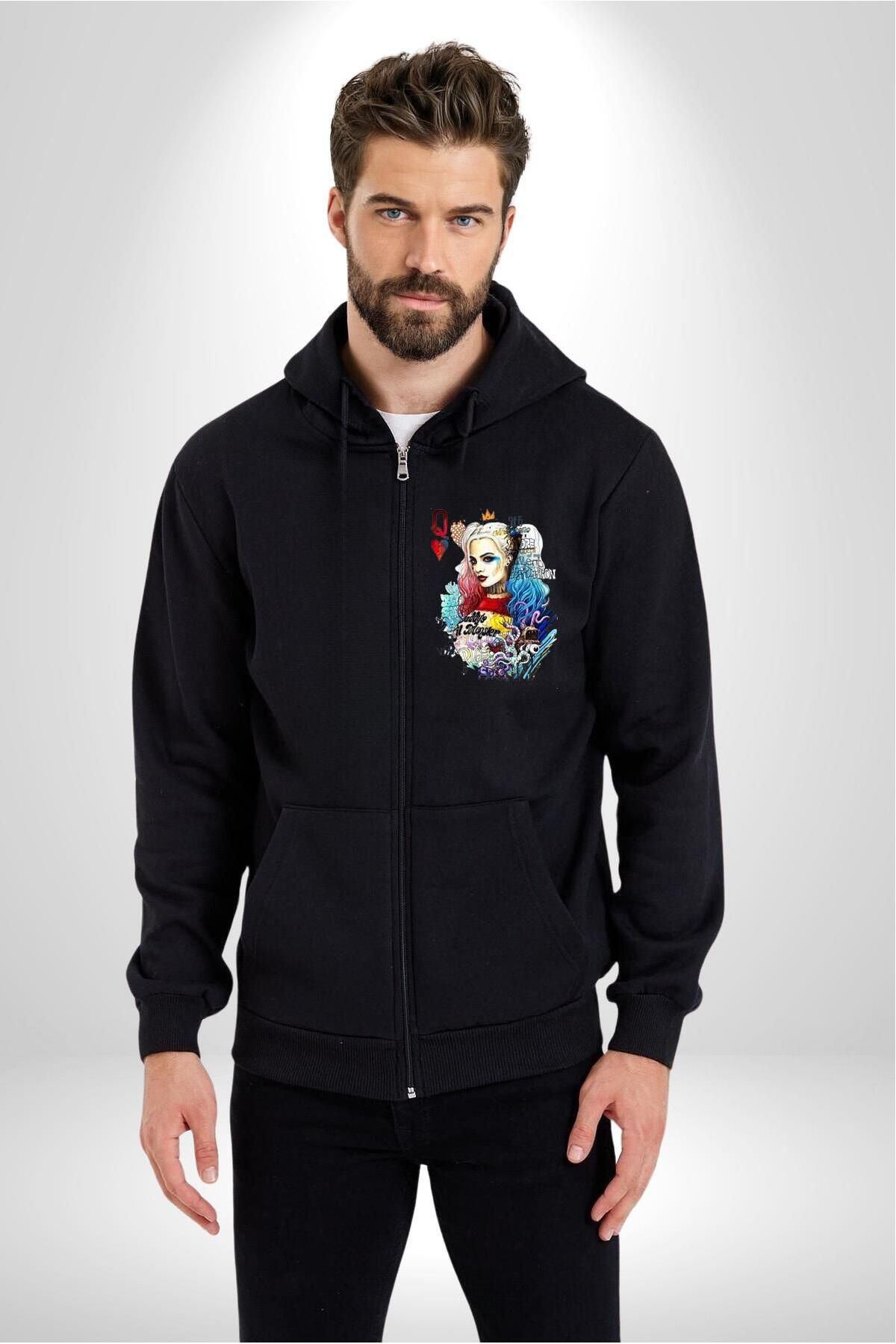 Soufeel Harley Quinn Joker Karakter Kadın Erkek Baskılı Fermuarlı Kapüşonlu Hırka Sweatshirt