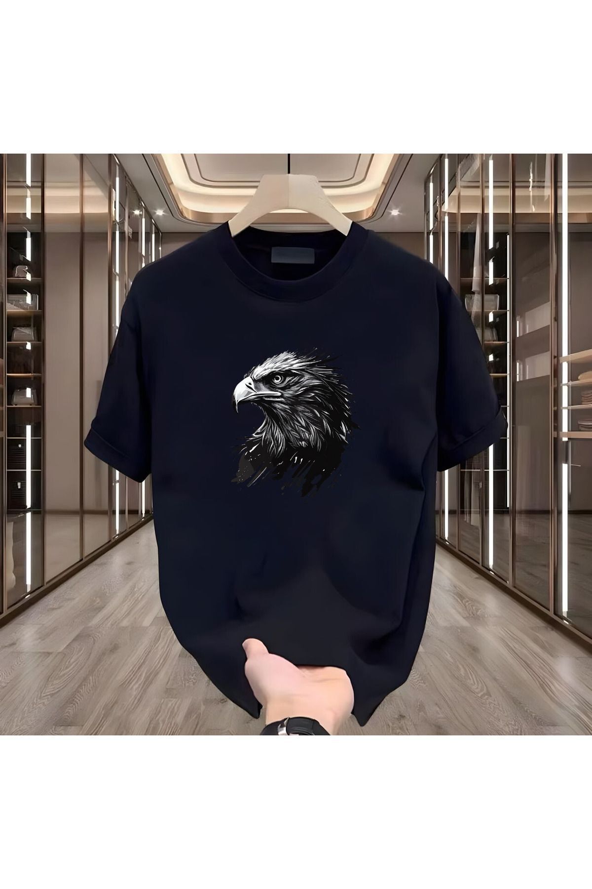 İnazuma Outdoors Unisex Oversize Baskılı Pamuklu Bisiklet Yaka Kısa Kollu SİYAH T-shirt Kartal