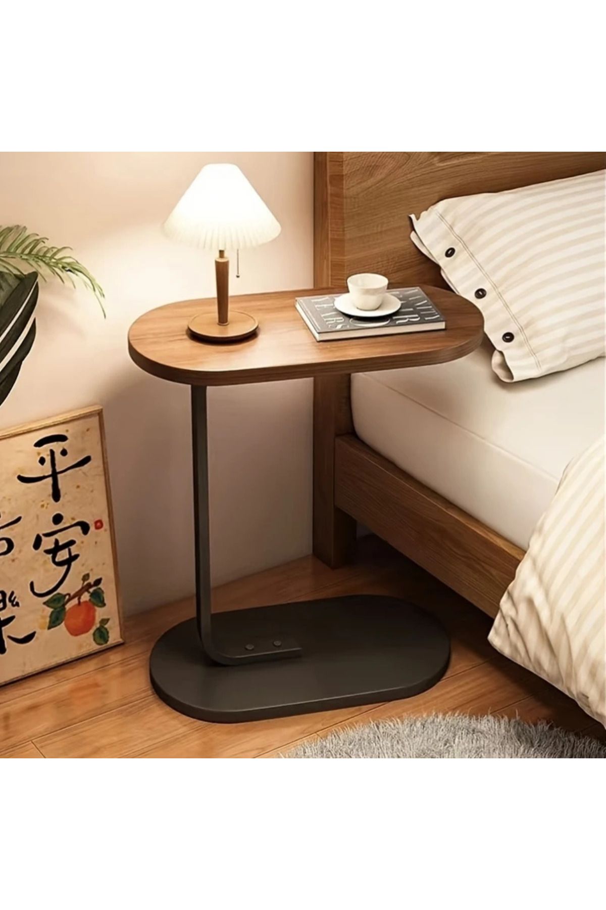 Generic-Modern Coffee Table | C-Shaped Side Table with Brown Wood Top and Black Metal Frame 60x28x40 cm 3