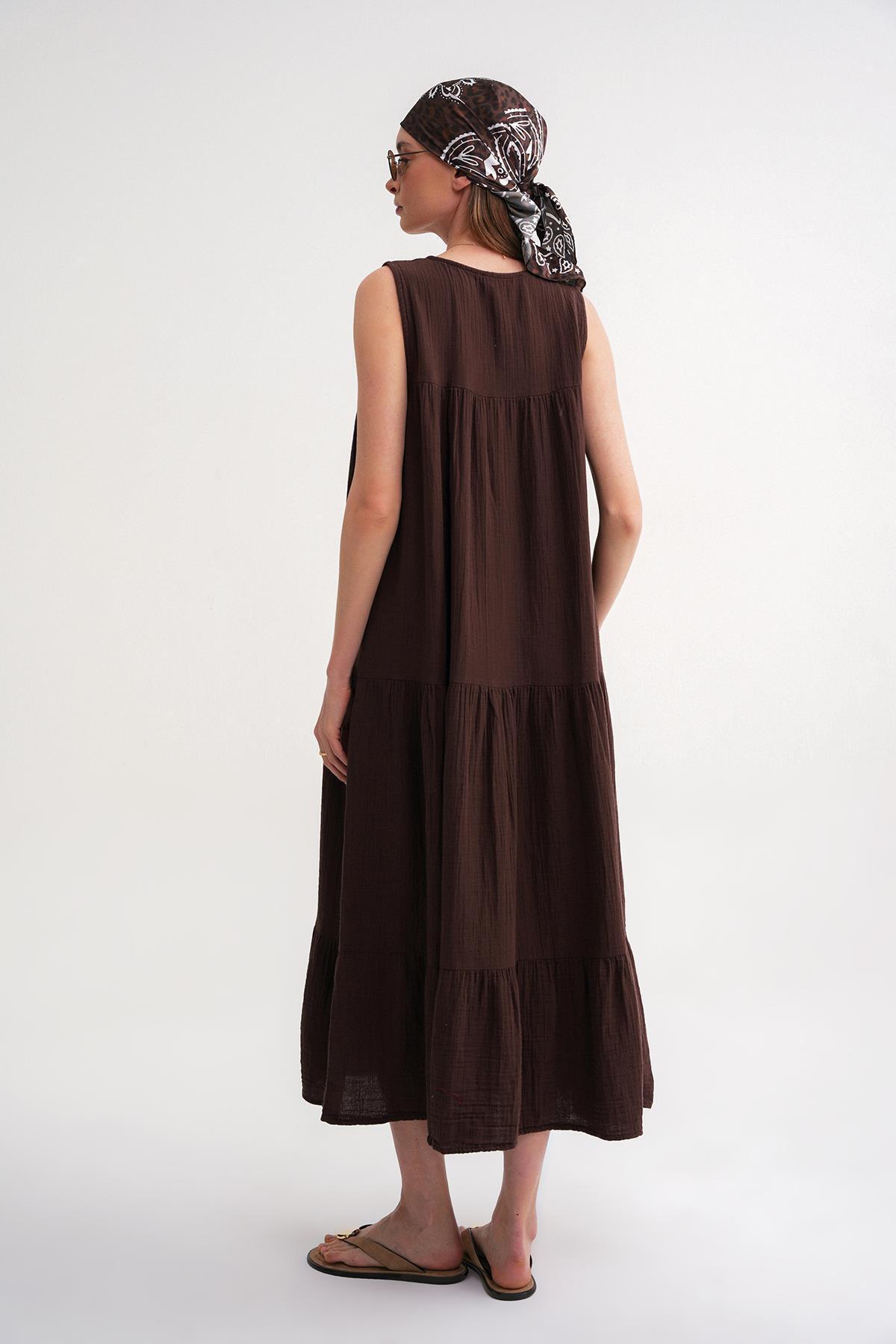 Mixray  4673 Kadın Büzgü Detaylı Müslin Elbise Kahve - Görsel 7