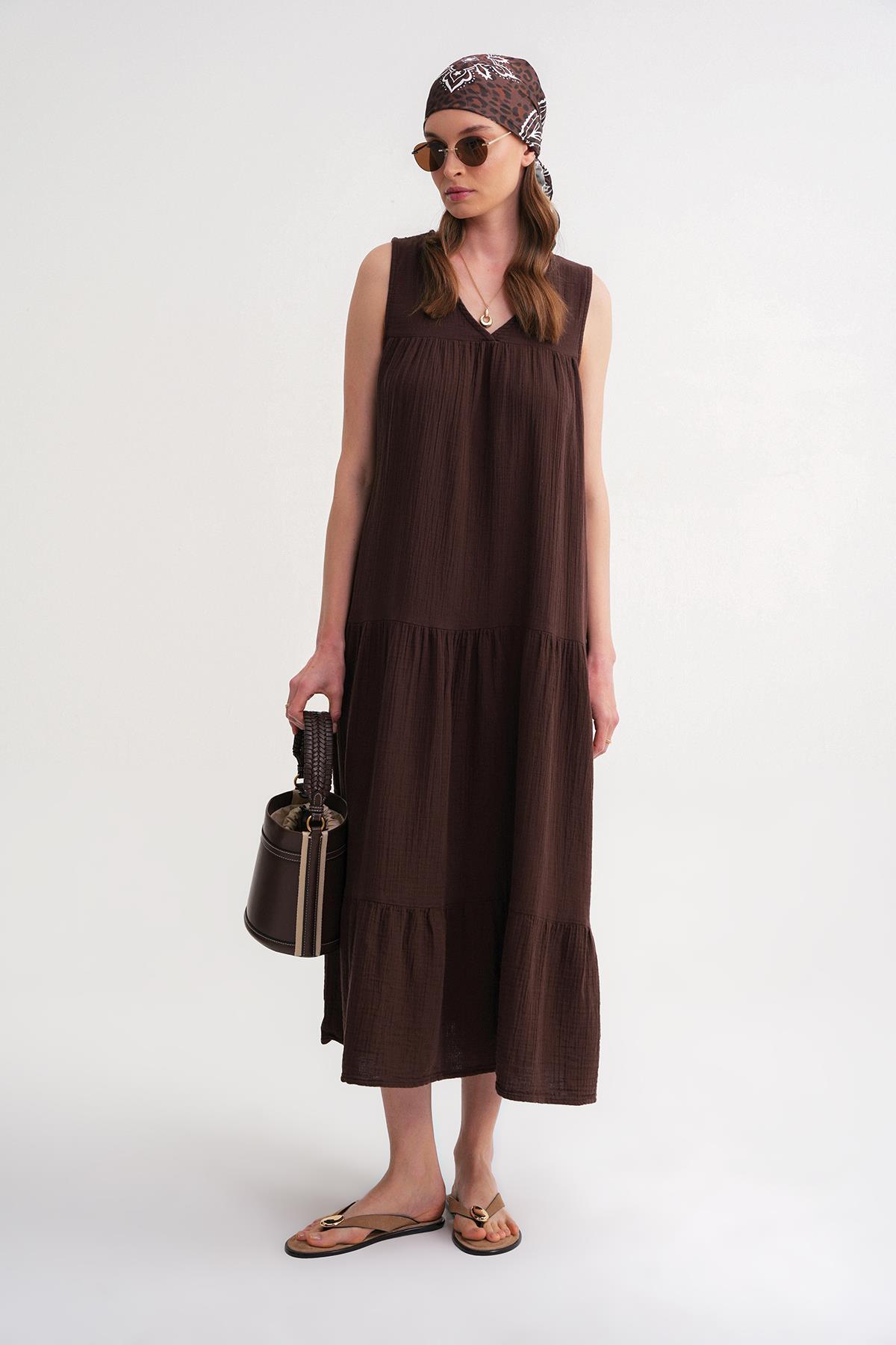 Mixray  4673 Kadın Büzgü Detaylı Müslin Elbise Kahve - Görsel 3