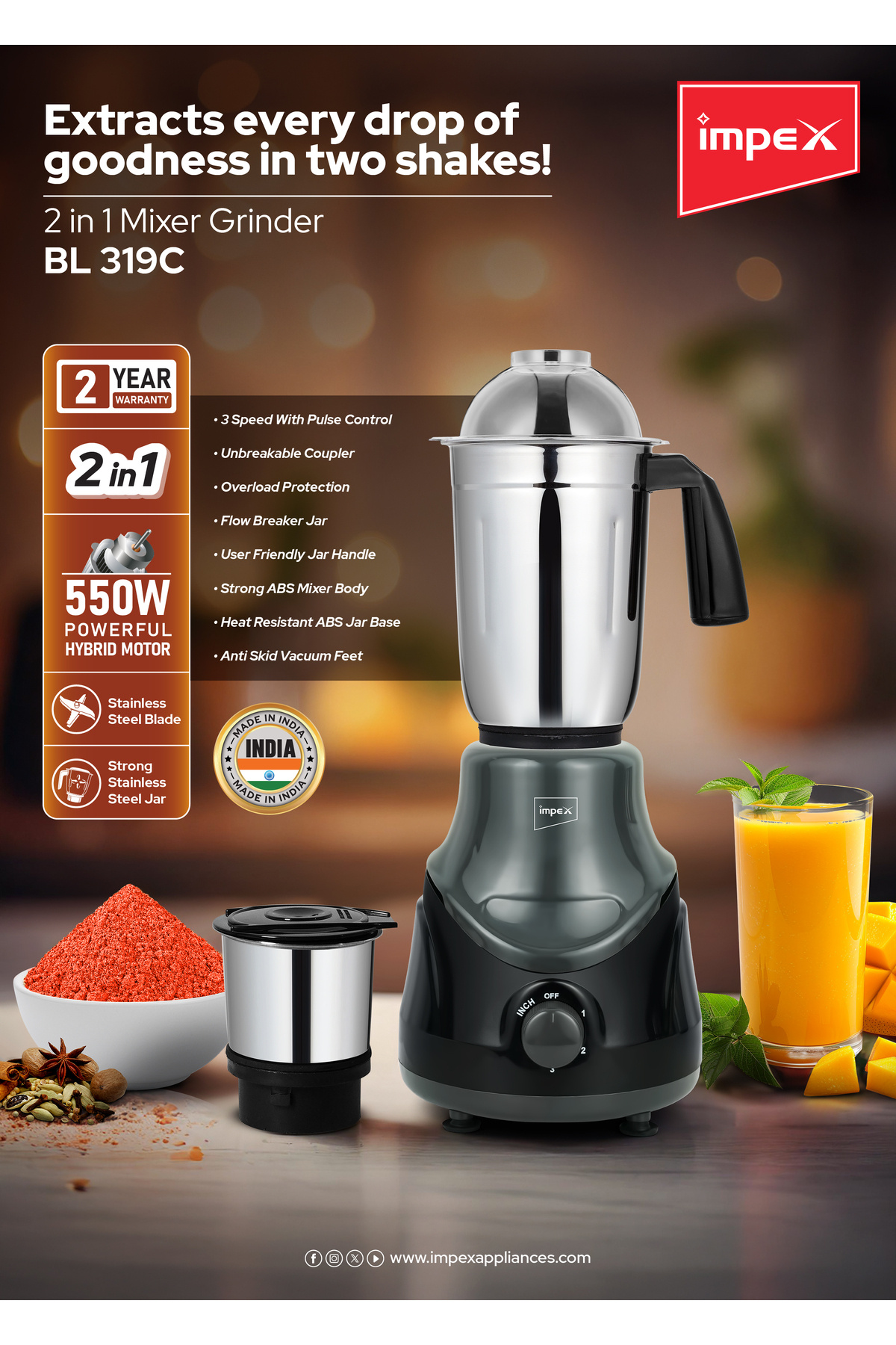 İMPEX-IMPEX 2 IN 1 MIXER GRINDER 550W (BL 319C) 3