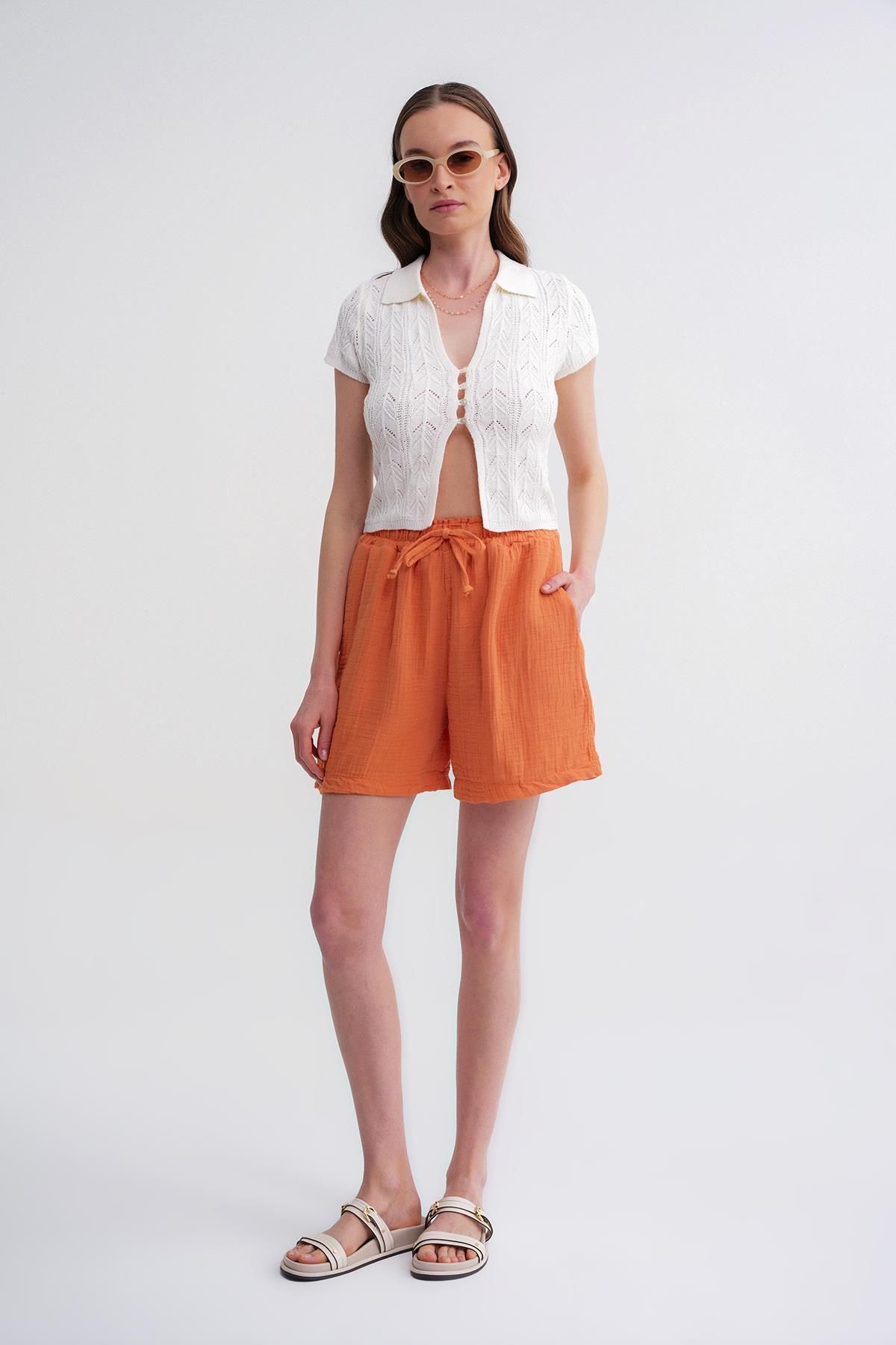Mixray-Women's Elastic Waist Muslin Shorts - Orange 2
