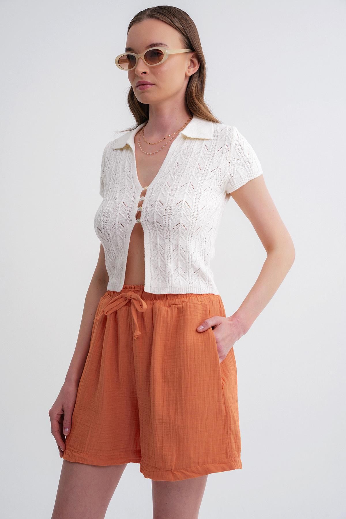 Mixray-Women's Elastic Waist Muslin Shorts - Orange 6