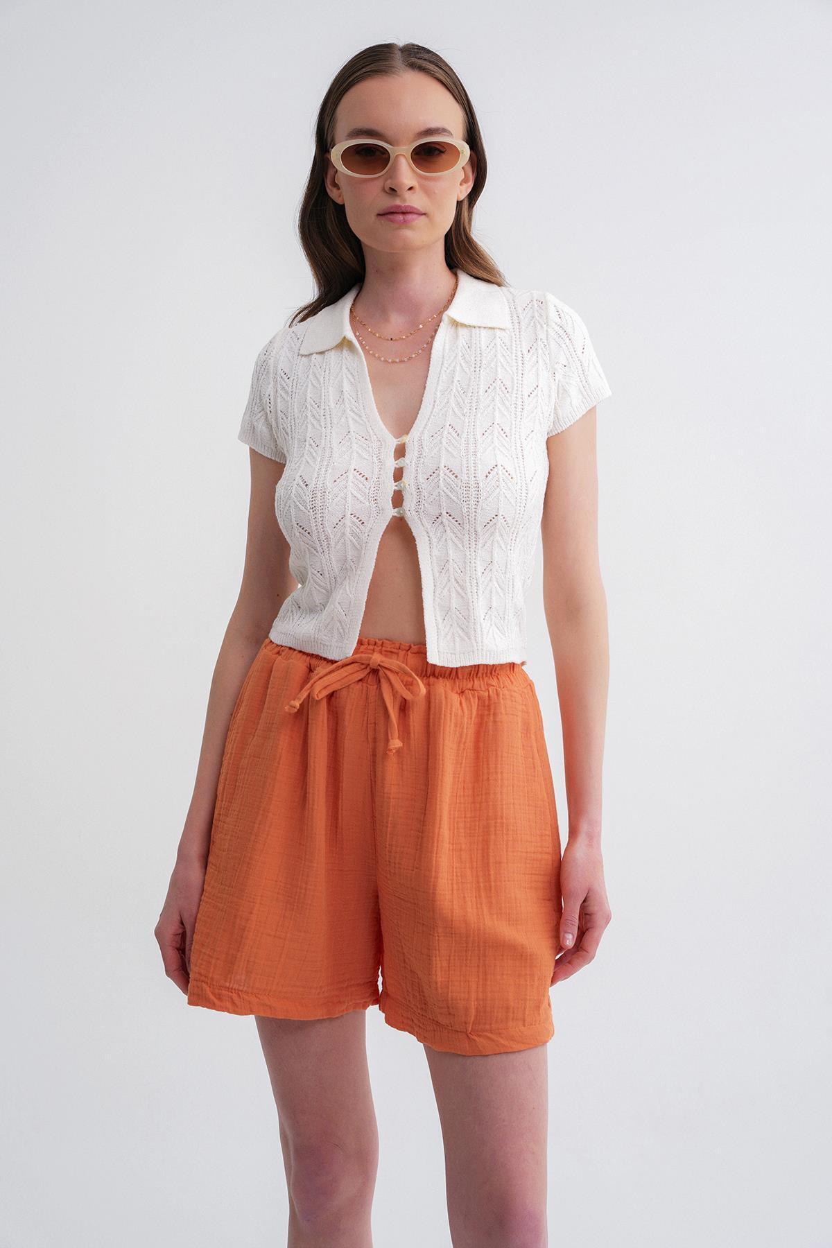 Mixray-Women's Elastic Waist Muslin Shorts - Orange 3