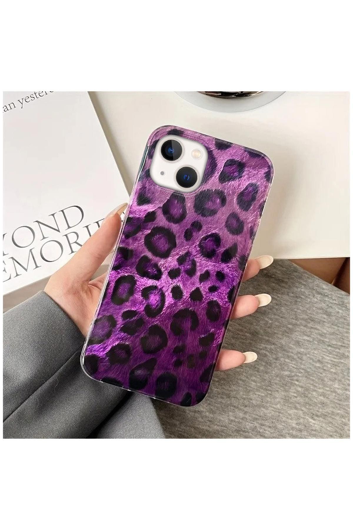 Pro Aksesuar Apple iPhone 14 Uyumlu Kılıf Lüx Leopar Desenli Silikon Kılıf Mor