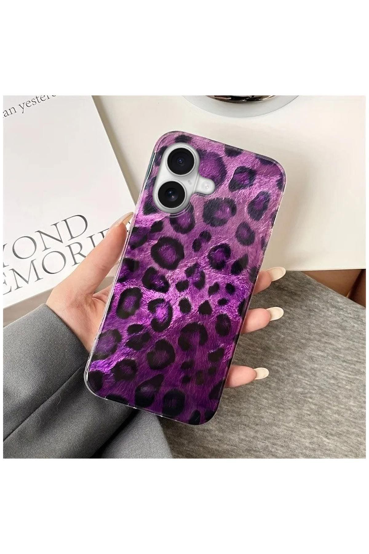 Pro Aksesuar Apple iPhone 16 Uyumlu Kılıf Lüx Leopar Desenli Silikon Kılıf Mor