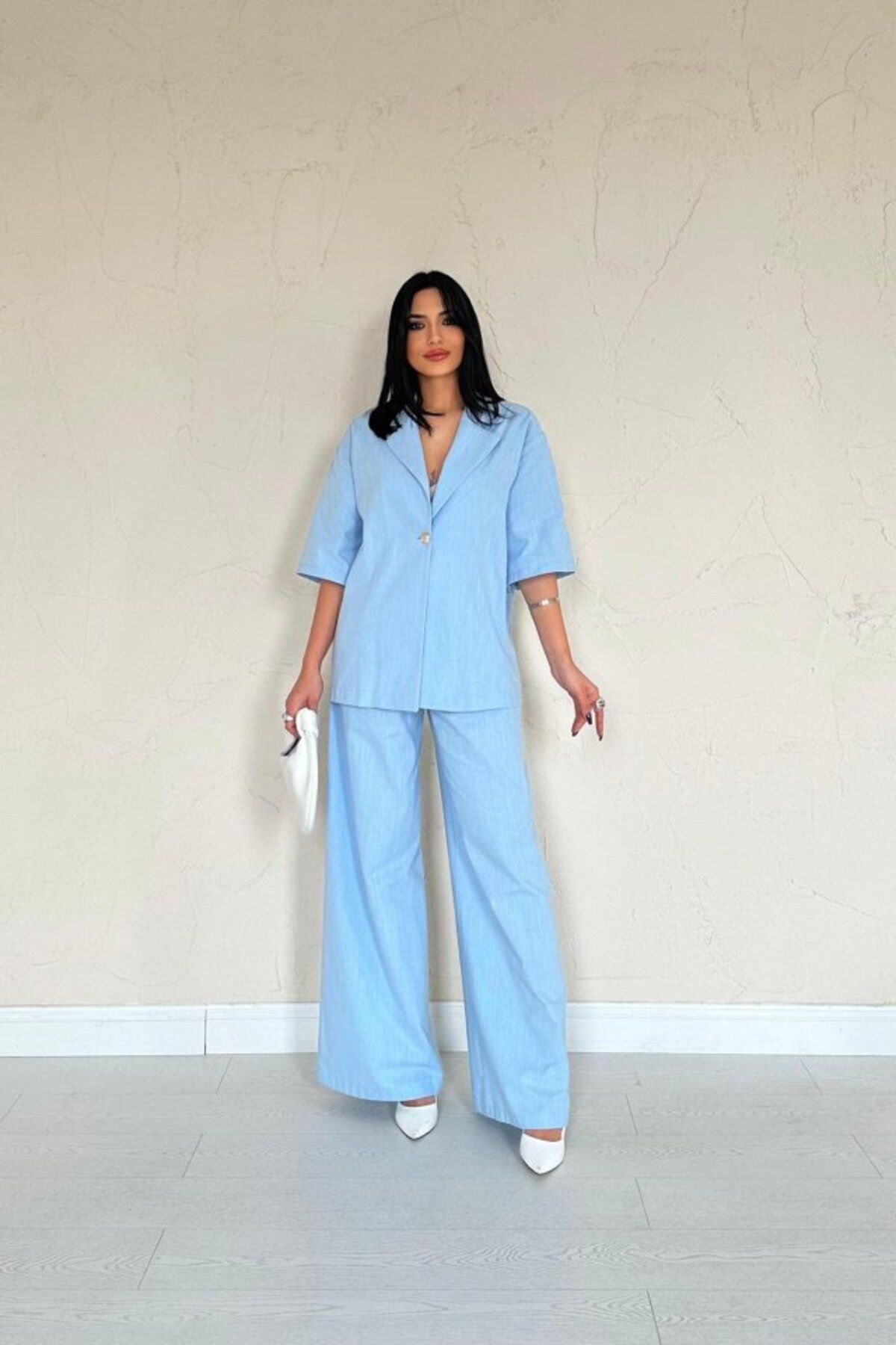 velmorafashion Mavi Önü Tek Düğmeli Ceket Pantolon Takım