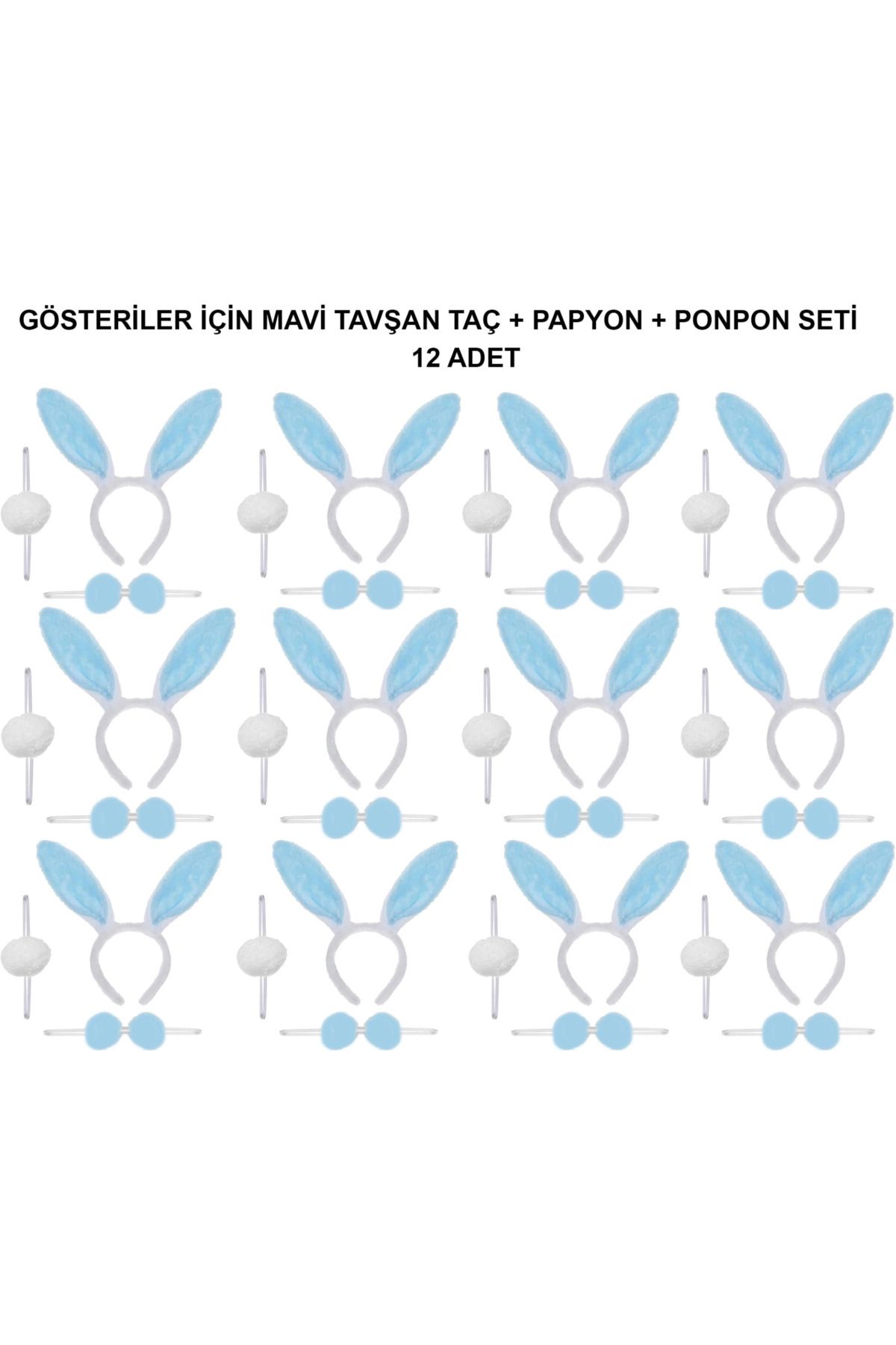 Narnuga Mavi Tavşan Kostüm Seti – Taç Papyon Ponpon (12’li Paket) - MCT6517-8183