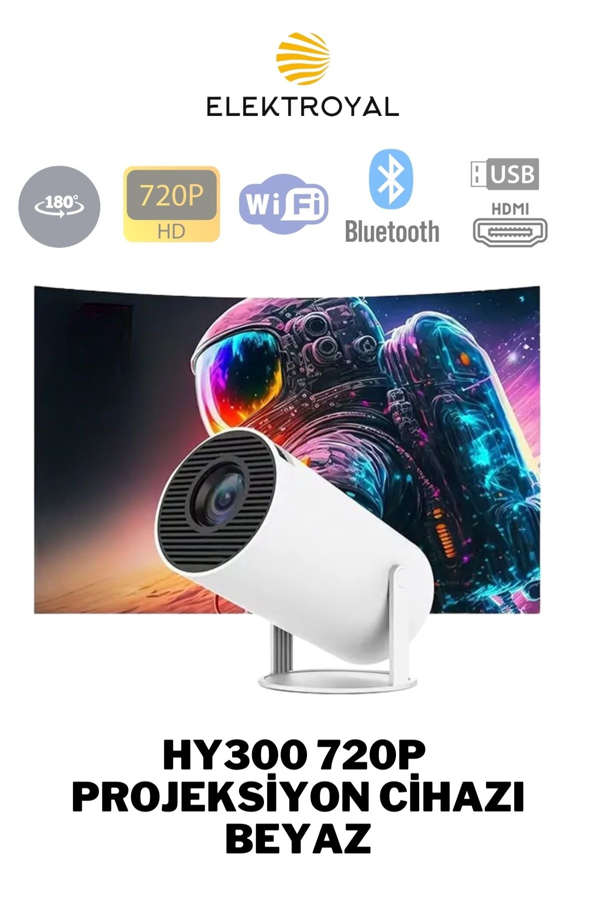 HY300 720P Android Wireless Bluetooth Destekli 180 Derece Dönebilen Projeksiyon Cihazı Beyaz