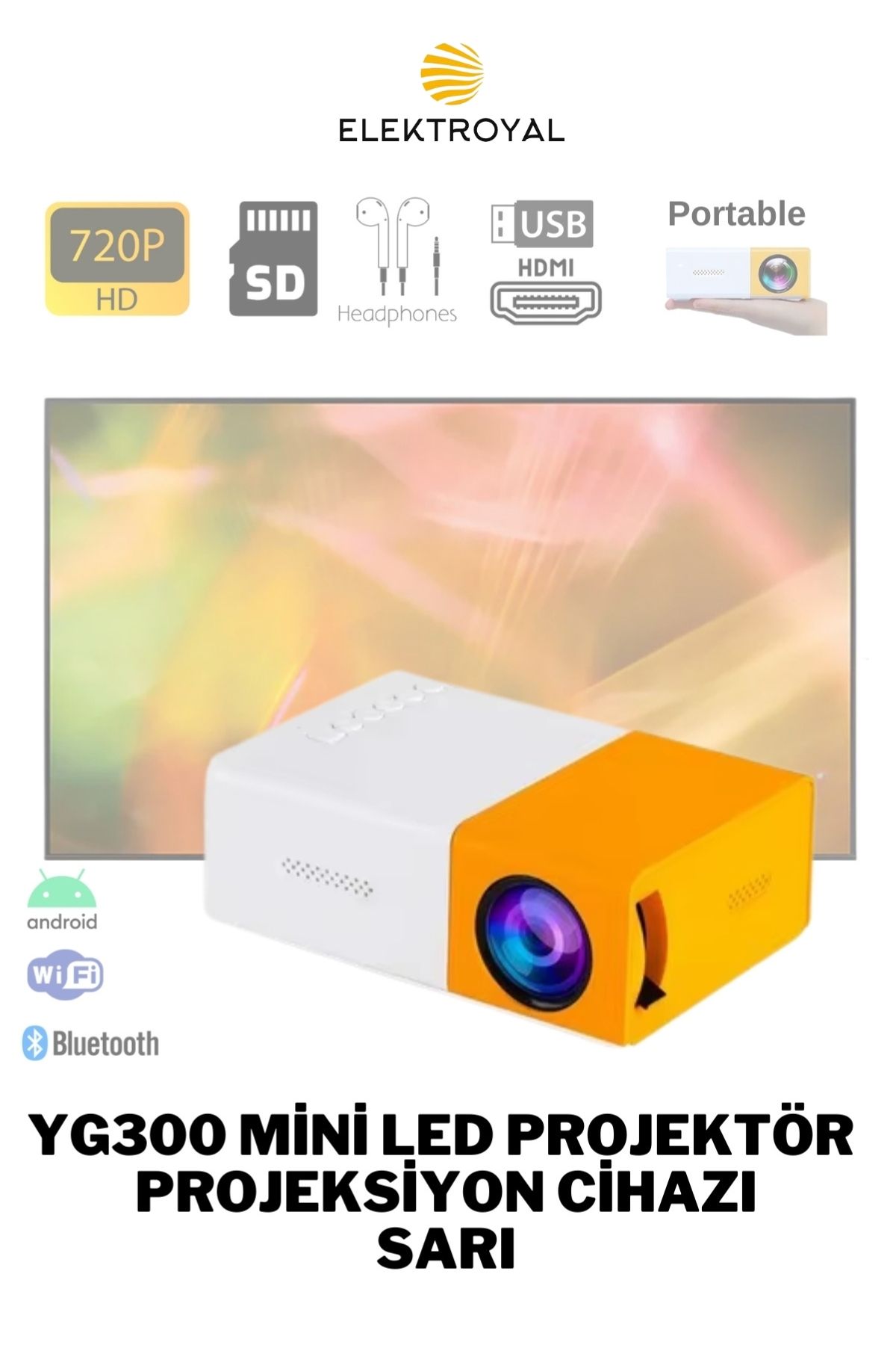 YG300 Mini 720P Android Wireless Bluetooth Destekli Portatif Projeksiyon Cihazı Sarı
