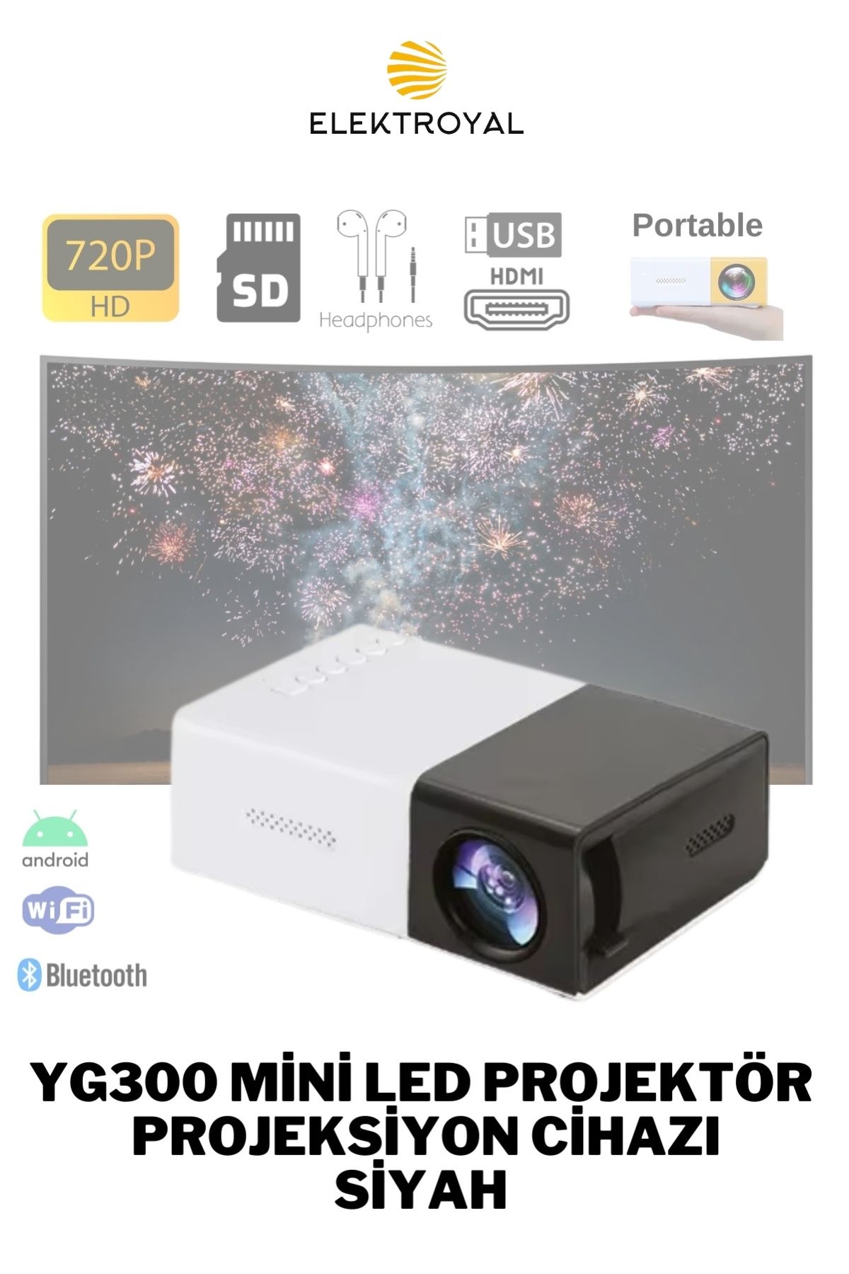 YG300 Mini 720P Android Wireless Bluetooth Destekli Portatif Projeksiyon Cihazı Siyah