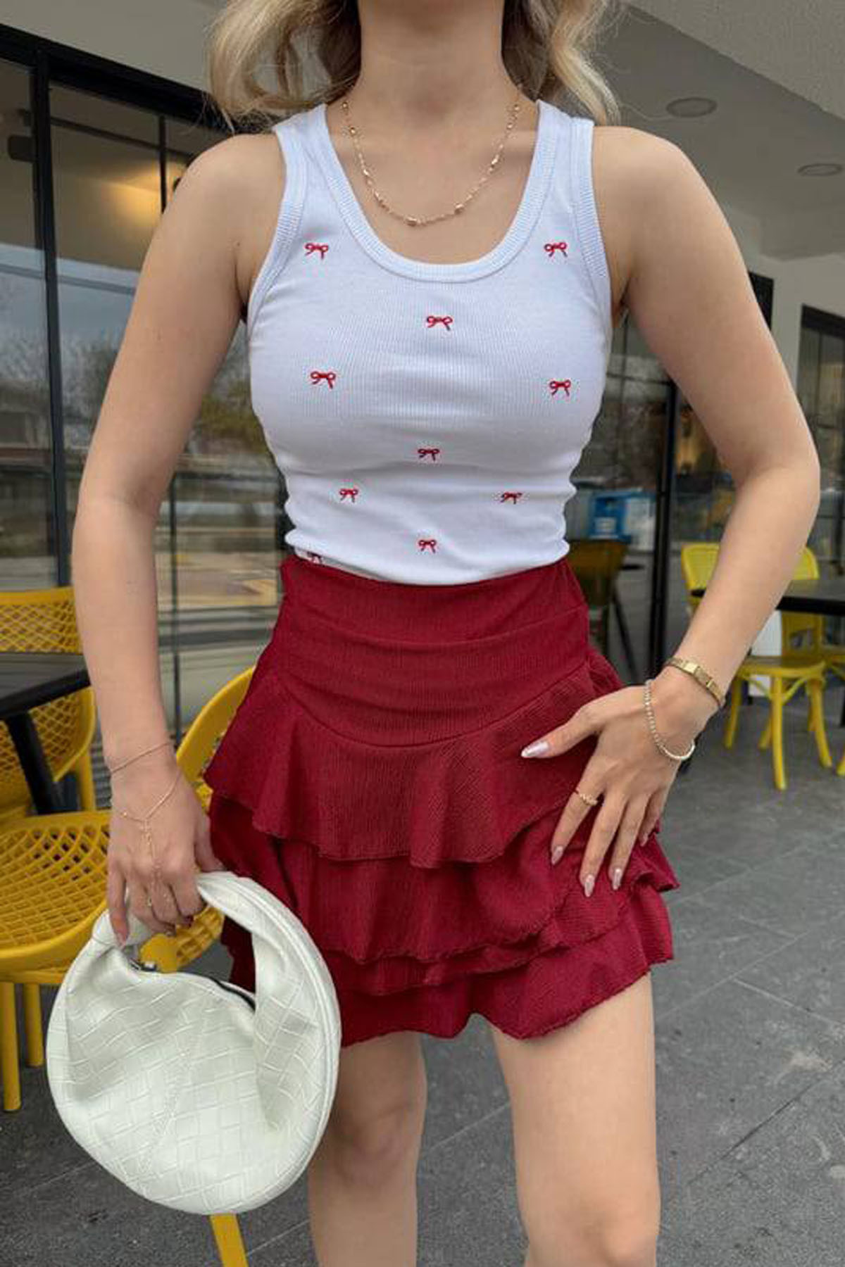 CİDDE-Women's Mykonos Three Layer Ruffled Raschel Wrap Fabric Skirt White 1