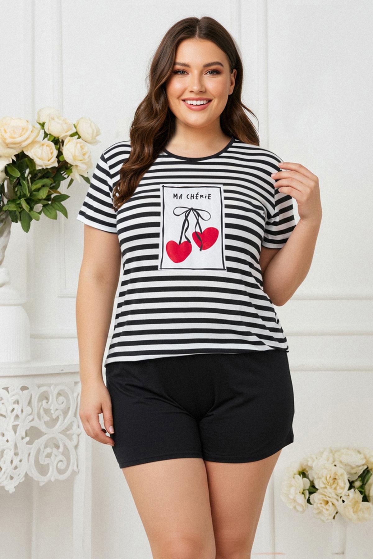 Trendyol Curve Czarny, Prążkowany I Wiśniowy, Dzianinowy Zestaw Piżamowy Tbbss25ai00070 Kobieta - 5XL
