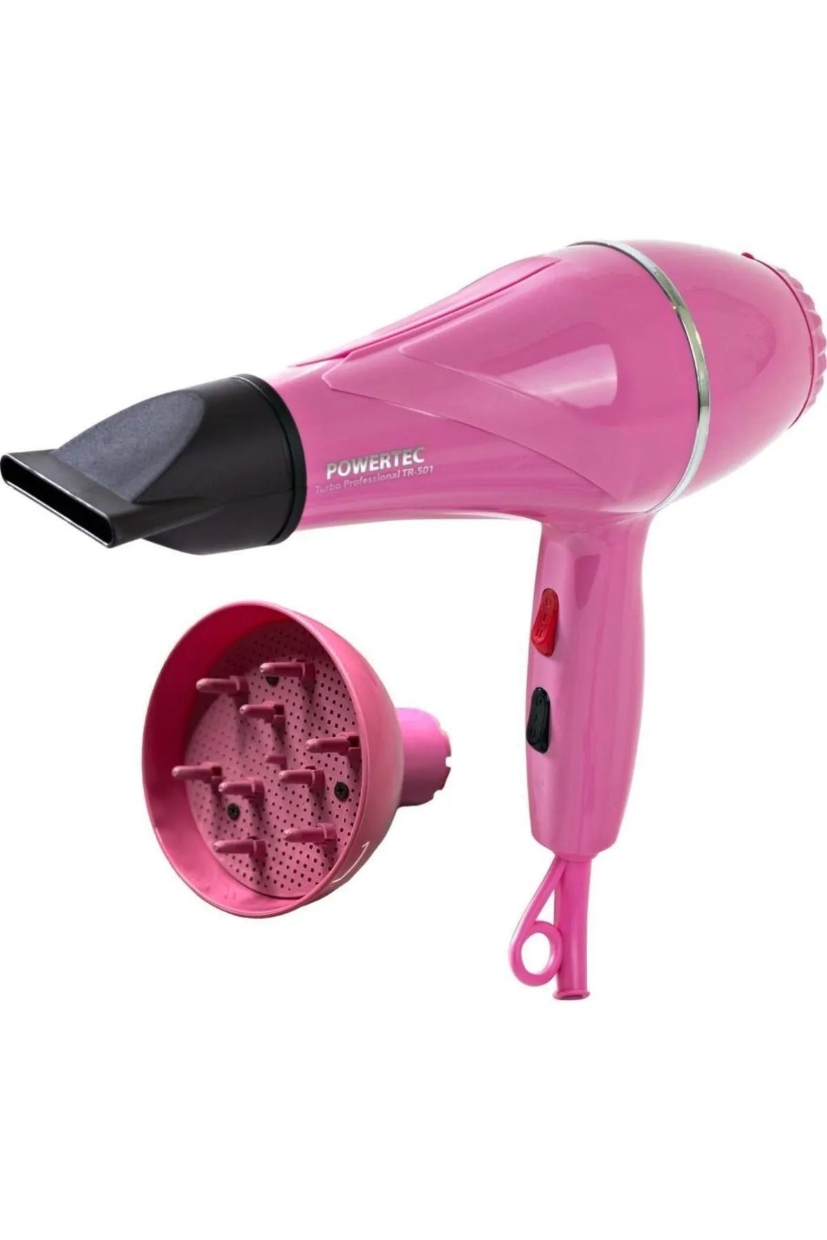 سشوار صورتی برقی Tr501+2500 وات خشک کن حرفه ای و دمنده پاورتچ  Powertec