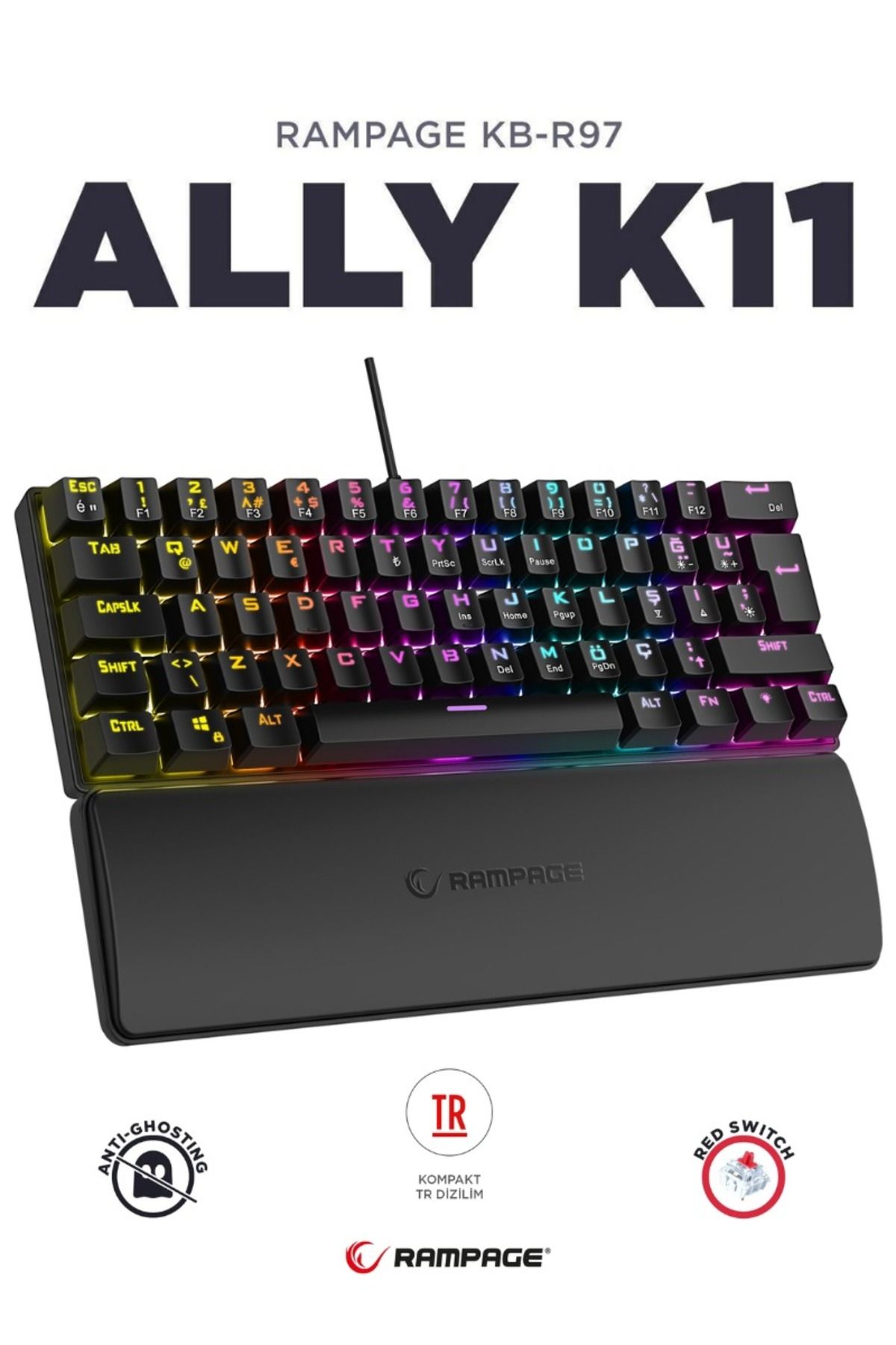 Rampage Klavye Oyuncu Klavyesi Kırmızı 12 Işık Modlu Red Switch Mekanik Antighosting Bilek Destekli Ally K11