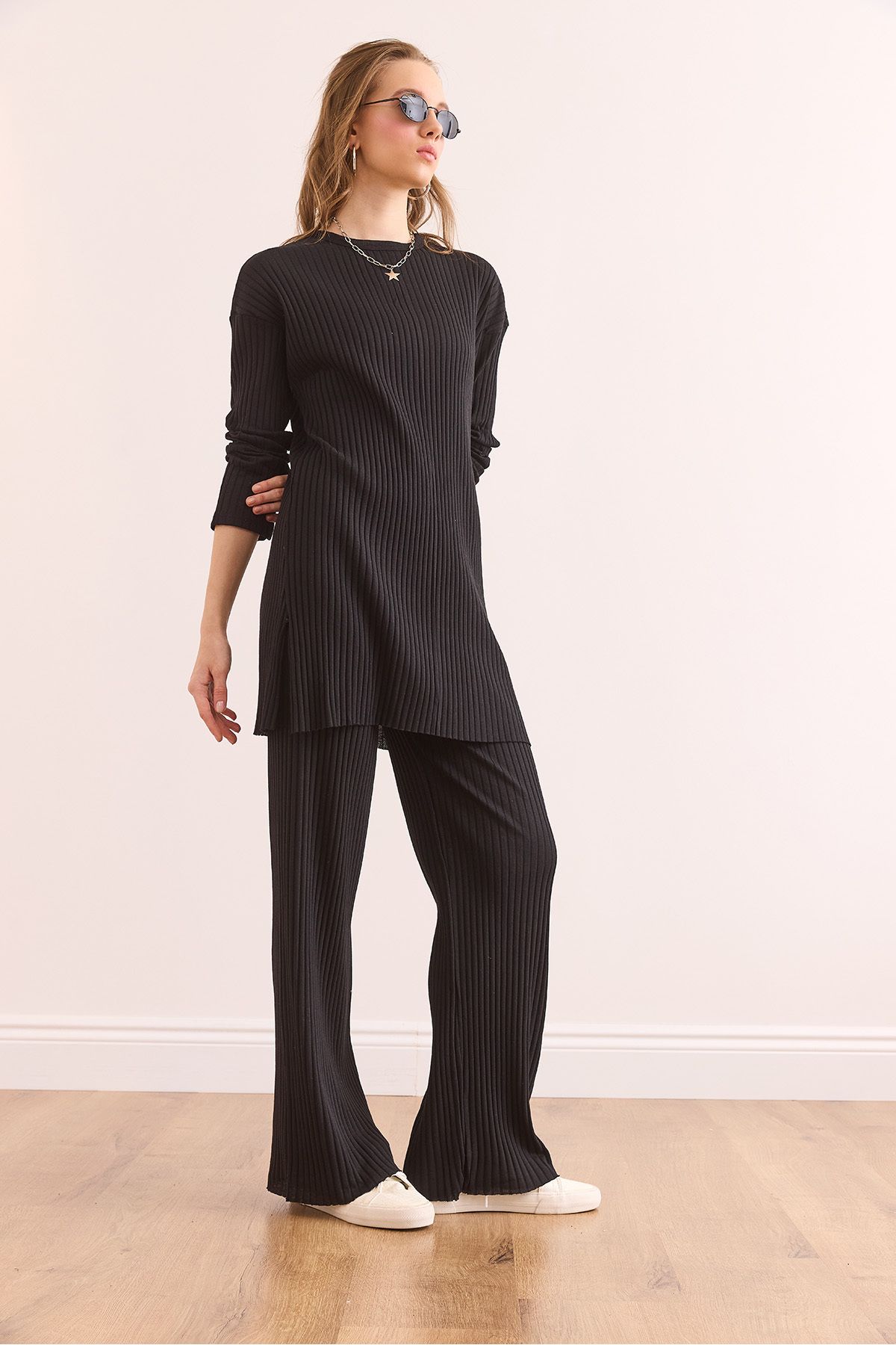Olalook-Schwarzes Oberteil mit Schlitz, Bluse, Unterteil, Palazzo-Kostüm für Damen, Kordelzug, TKM-19000180 4