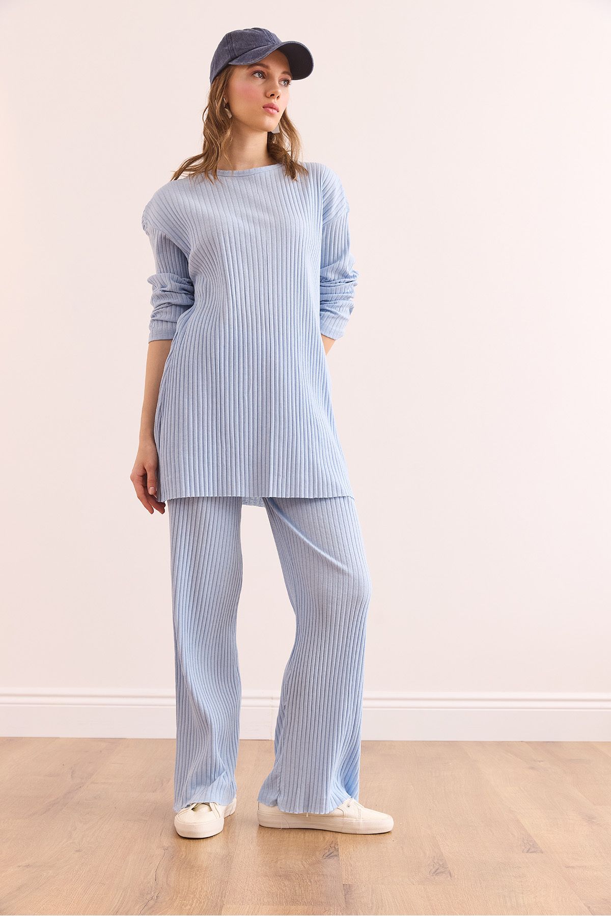 Olalook-Babyblaues Oberteil mit Schlitz, Bluse und Unterteil für Damen, Palazzo-Kostüm mit Kordelzug, TKM-19000180 3