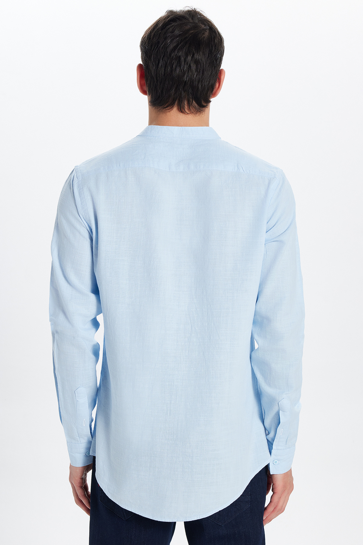 Tudors  Erkek Slim Fit Dar Kesim Uzun Kollu %100 Pamuk Keten Doku Hakim Yaka Mavi Gömlek - Görsel 5