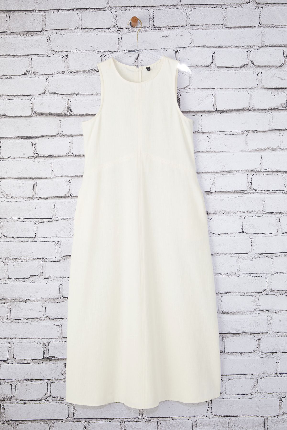 Trendyol Collection-Λευκό λινό μικτό μίντι υφαντό φόρεμα με ραφές και λεπτομέρεια τσέπης 5