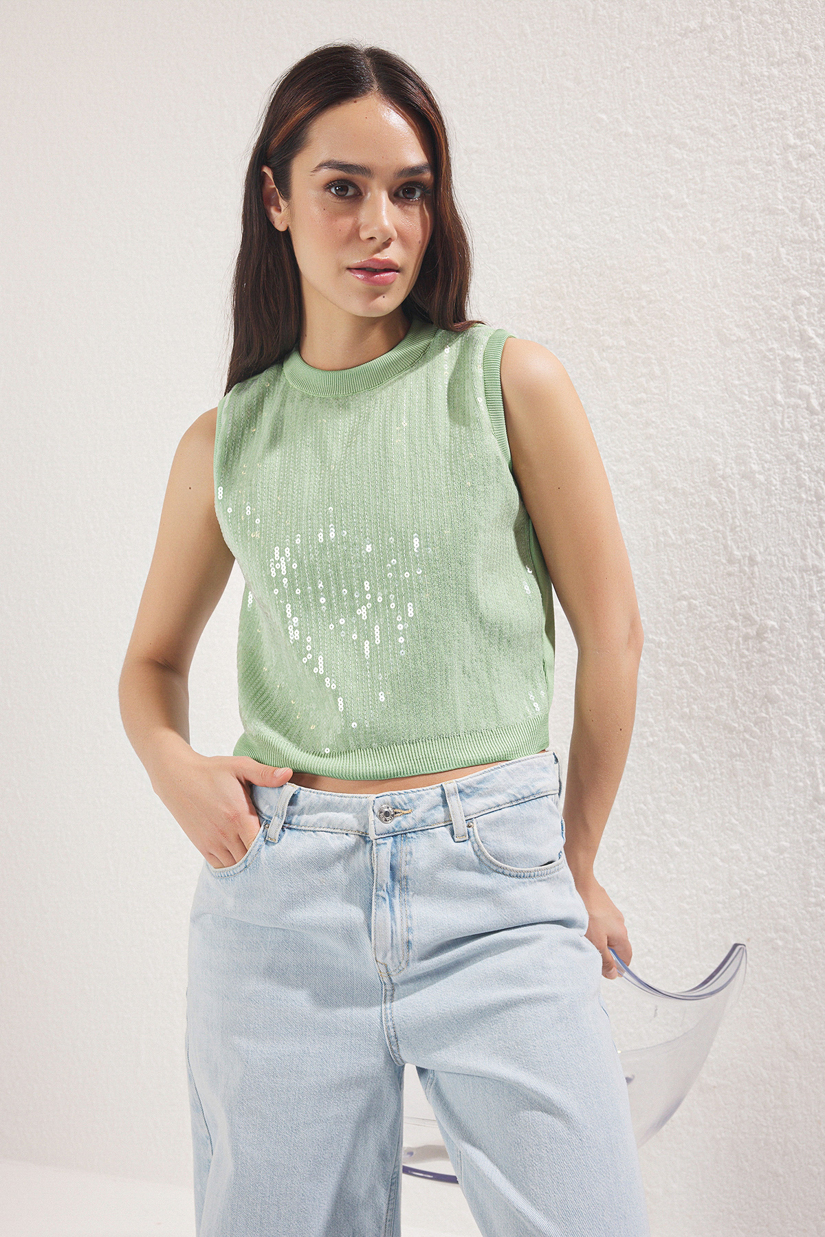Trendyolmilla Mint Payetli Bisiklet Yaka Triko Bluz TWOSS25BZ00293