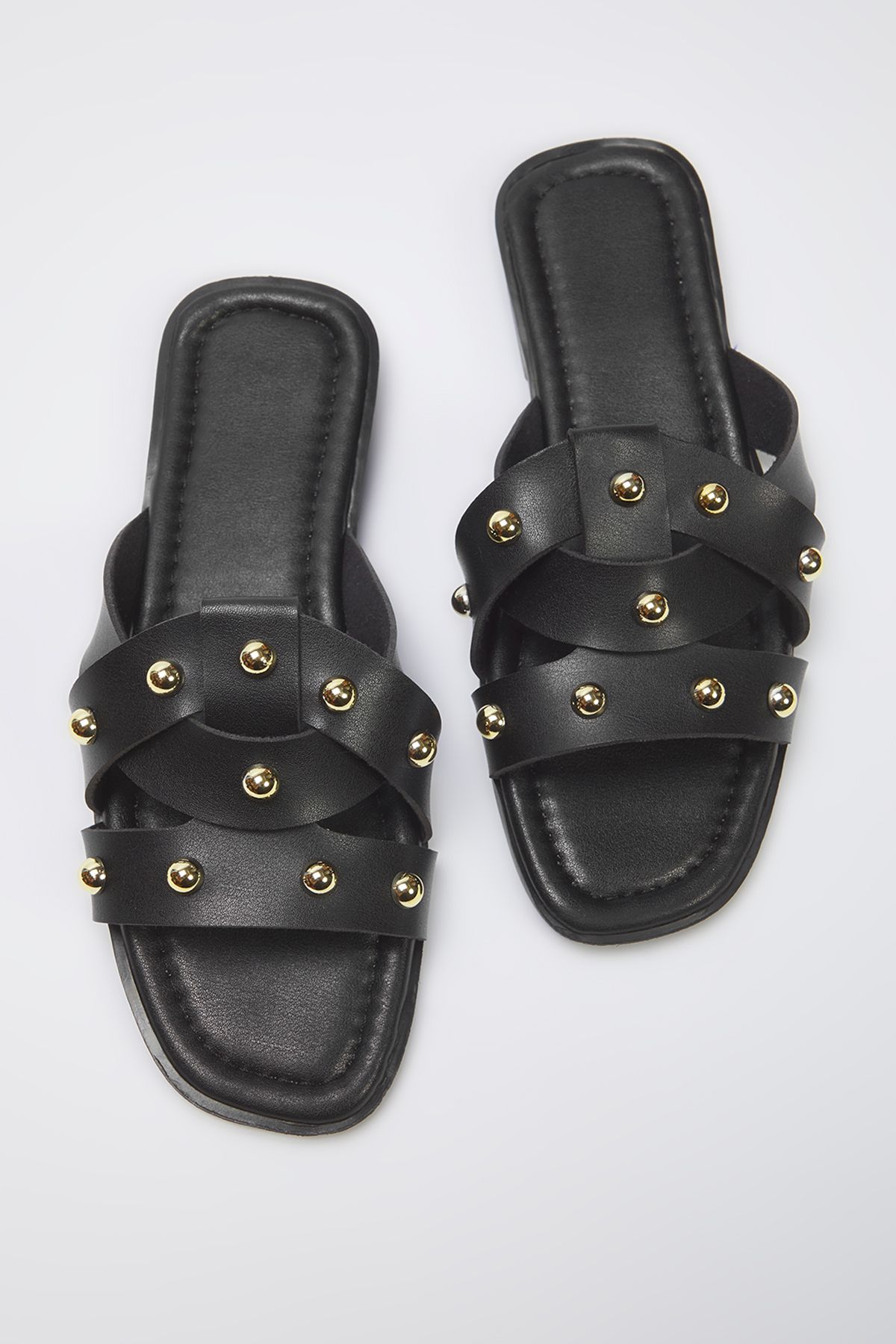 TRENDYOL SHOES Czarno-złote, Damskie, Stylowe Kapcie Troc Stone Kobieta - 36