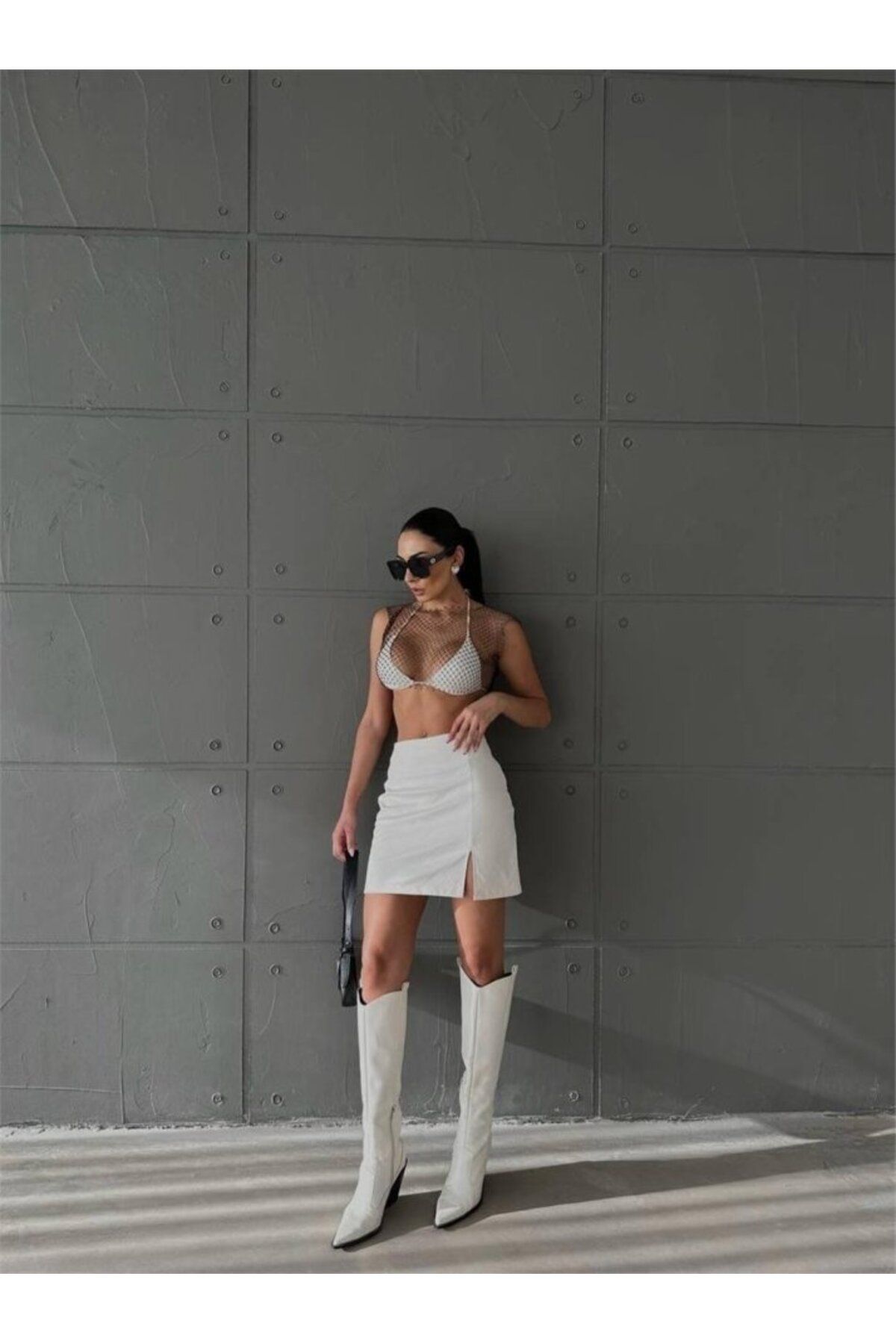 velmorafashion KAPİTONE DERİ ETEK YIRTMAÇLI - Beyaz